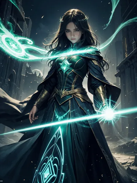 a powerful spell，Can create a magical protective barrier, A woman uses green magic to conjure a magical shield into a perfect fa...