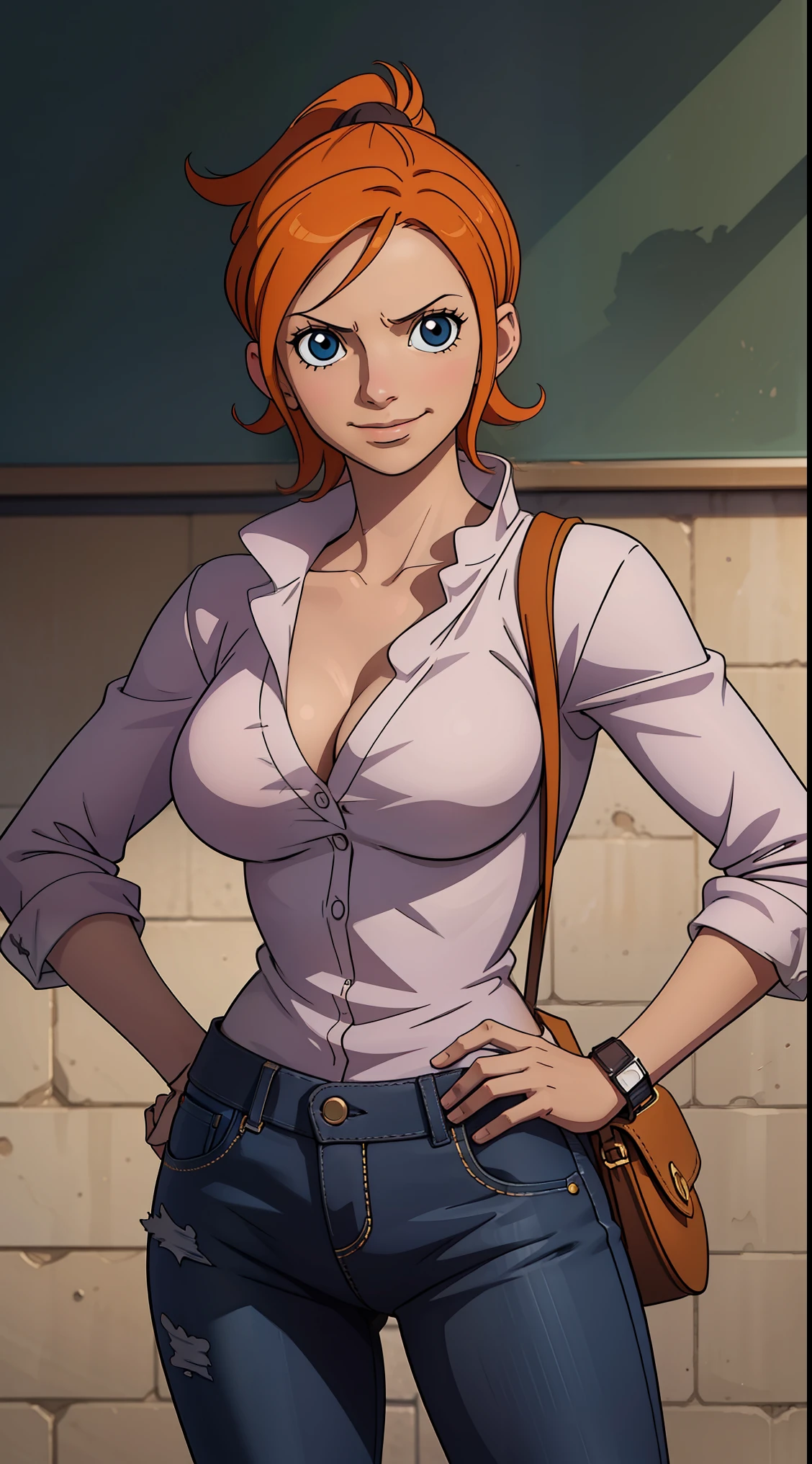 A woman with red hair and a white shirt is posing - SeaArt AI