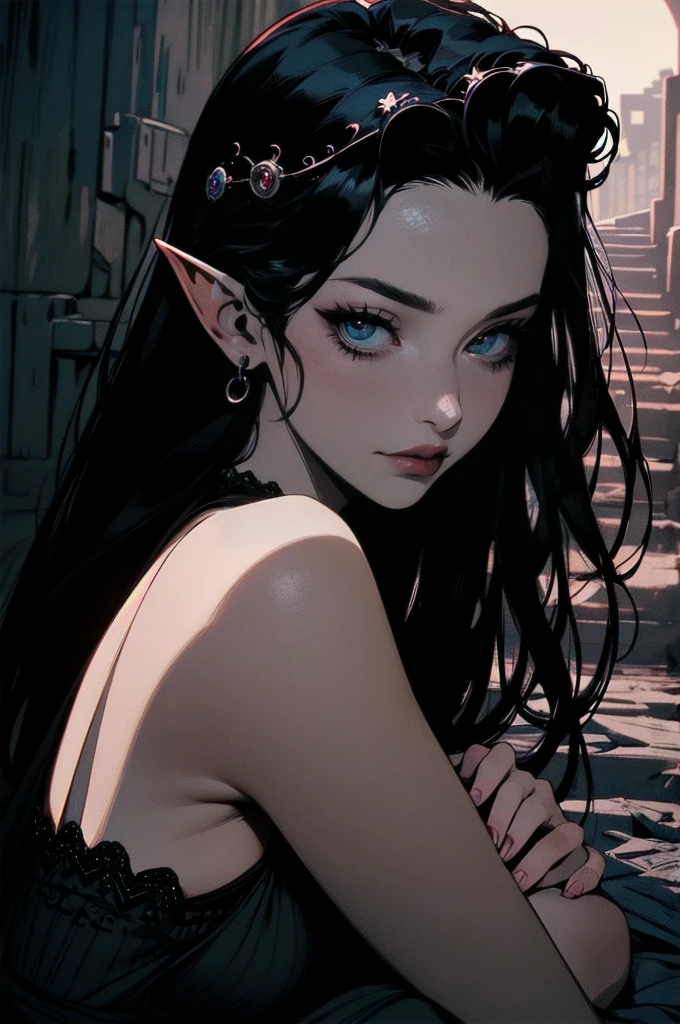 { - anatomy error}(Masterpiece - Ultra-detailed, very high resolution) moonlight, hyper-realistic of a mysterious woman with flowing black hair, ears of elf, piercing opal eyes, and a delicate lace crown, delicate smile, whole body, sitting on the ground, backwards, looking back, perfect eyes, perfect fingers