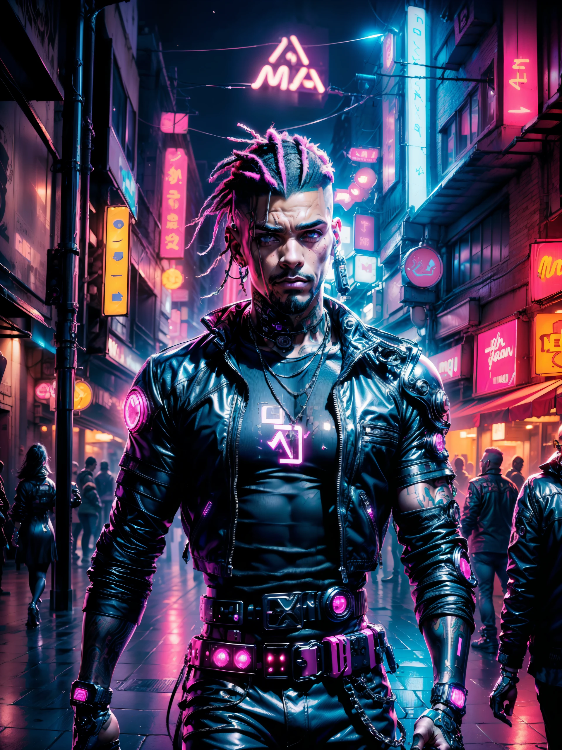 (Obra-prima, melhor qualidade, alta resolução, fondo de pantalla de unidad 32K, CG extremamente detalhado:1), (ilustração fraca no palco:1.0), ((1 jovem bonito:1.55 por cyberpunk:1.5 )),(( cidade noturna cyberpunk:1.4)), sinais de néon carros futuristas,chuva em lugar escuro, ((roupas molhadas luzes neon magenta iluminando o jovem perfeitamente:1.45) . 32K