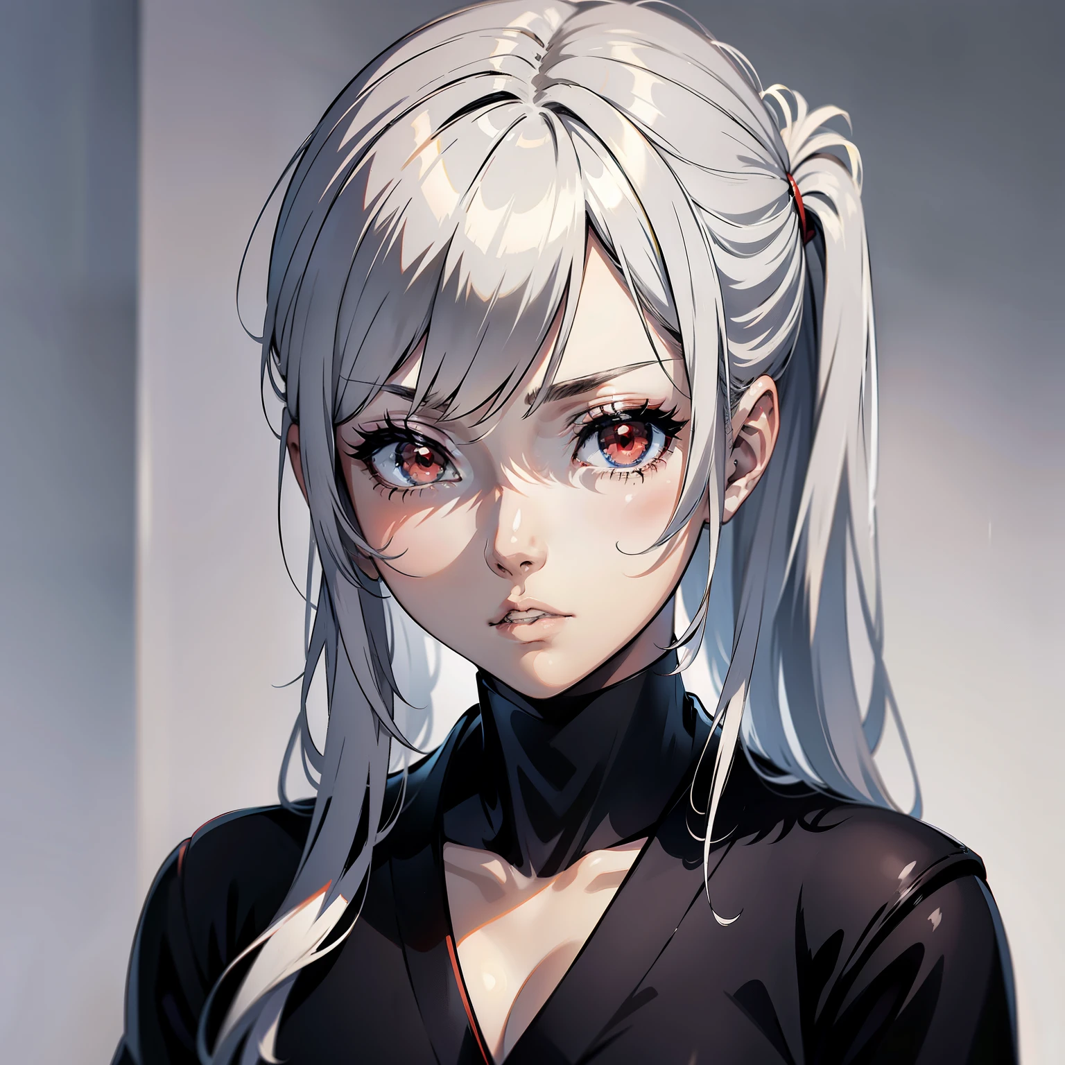 (Japanese anime, slender, glossy, light and shadow, shadow, tsundere style), best image quality, silver hairstyle, red eyes, white shirt, monochrome background.