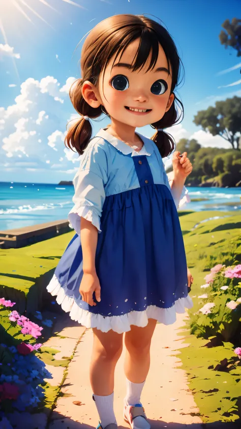 Masterpiece， High quality, best quality，1 girl， smoothly，pig tails hair,  sea beach， light blue_sky， Bow knot，have， shirt， skirt...
