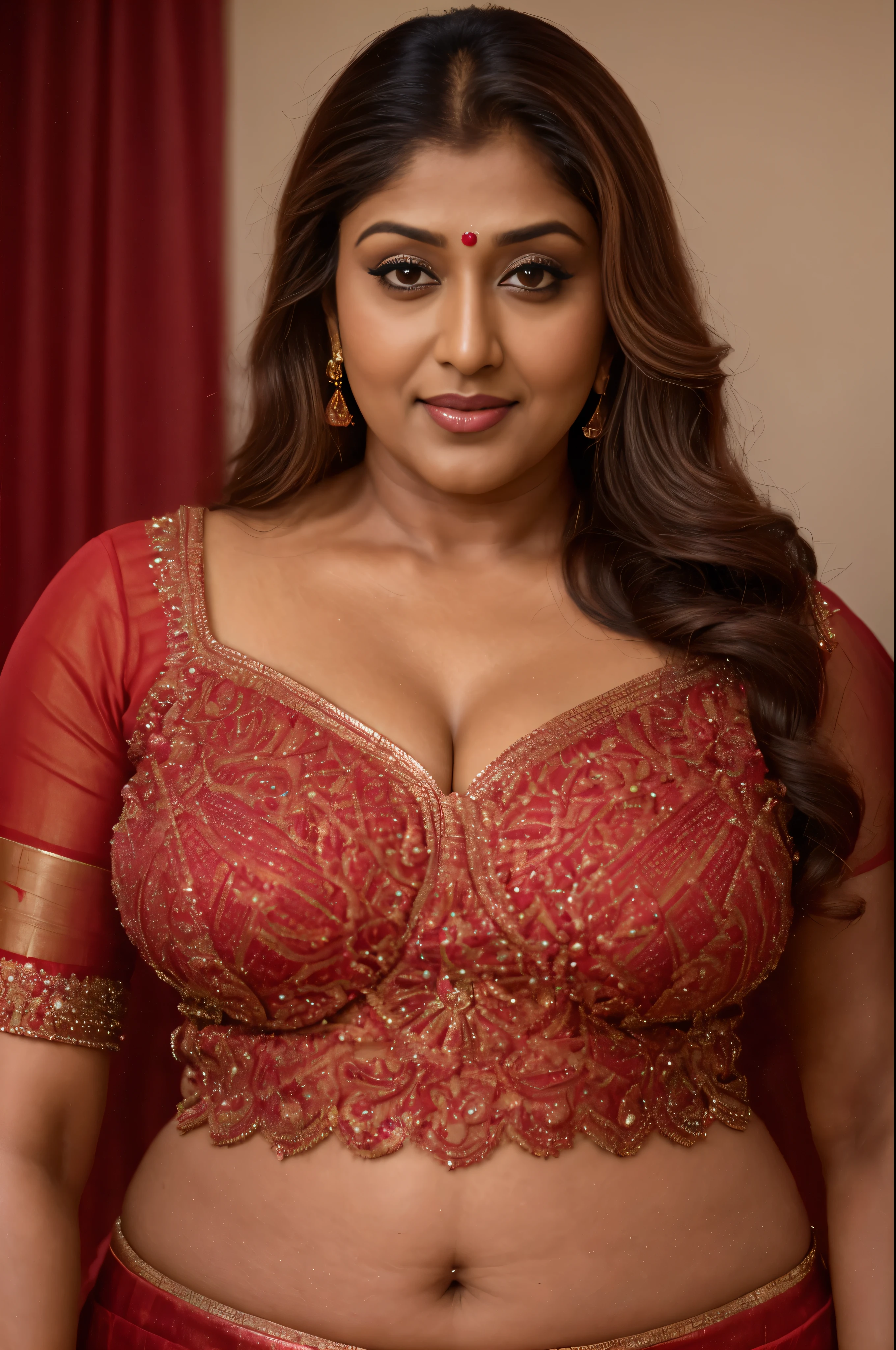 Anusha hot cleavage cleavage photos in red sari - SeaArt AI