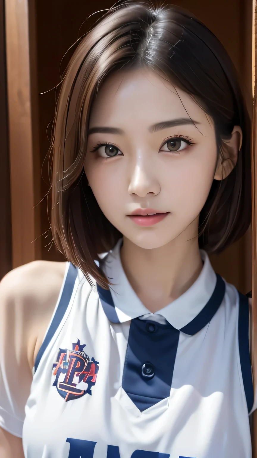 wearing clothes、(photo real:1.4)、(hyper real:1.4)、(real:1.3)、(smooth writing:1.05)、(Improving video lighting quality:0.9)、32k、1GIRL、20 year old girl、realistic lighting、Backlight、facial light、ray tracing、(Brighten:1.2)、(Improve image quality:1.4)、(Top quality realistic textured skin)、fine eyes、detailed face、(tired、sleepy、Satisfaction:0.0)、close up face、basketball uniform:1.3、(Improve body line and mood:1.1)、Shiny skin、actress、korean idol、Nogizaka Idol、Gravure idol、beautiful actress、neat woman、
