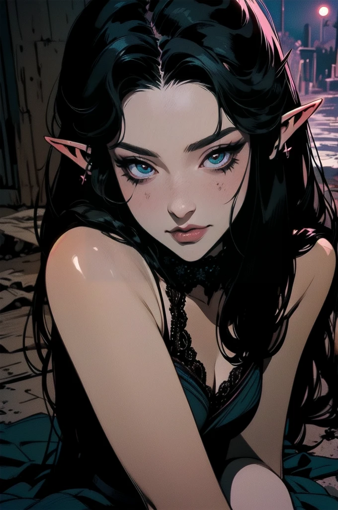 { - anatomy error}(Masterpiece - Ultra-detailed, very high resolution) moonlight, hyper-realistic of a mysterious woman with flowing black hair, ears of elf, piercing opal eyes, and a delicate lace crown, delicate smile, whole body, sitting on the ground