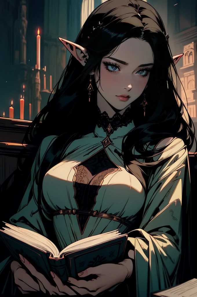 { - anatomy error}(Masterpiece - Ultra-detailed, very high resolution) moonlight, hyper-realistic of a mysterious woman with flowing black hair, ears of elf, piercing opal eyes, and a delicate lace crown, delicate smile, whole body, reading a book