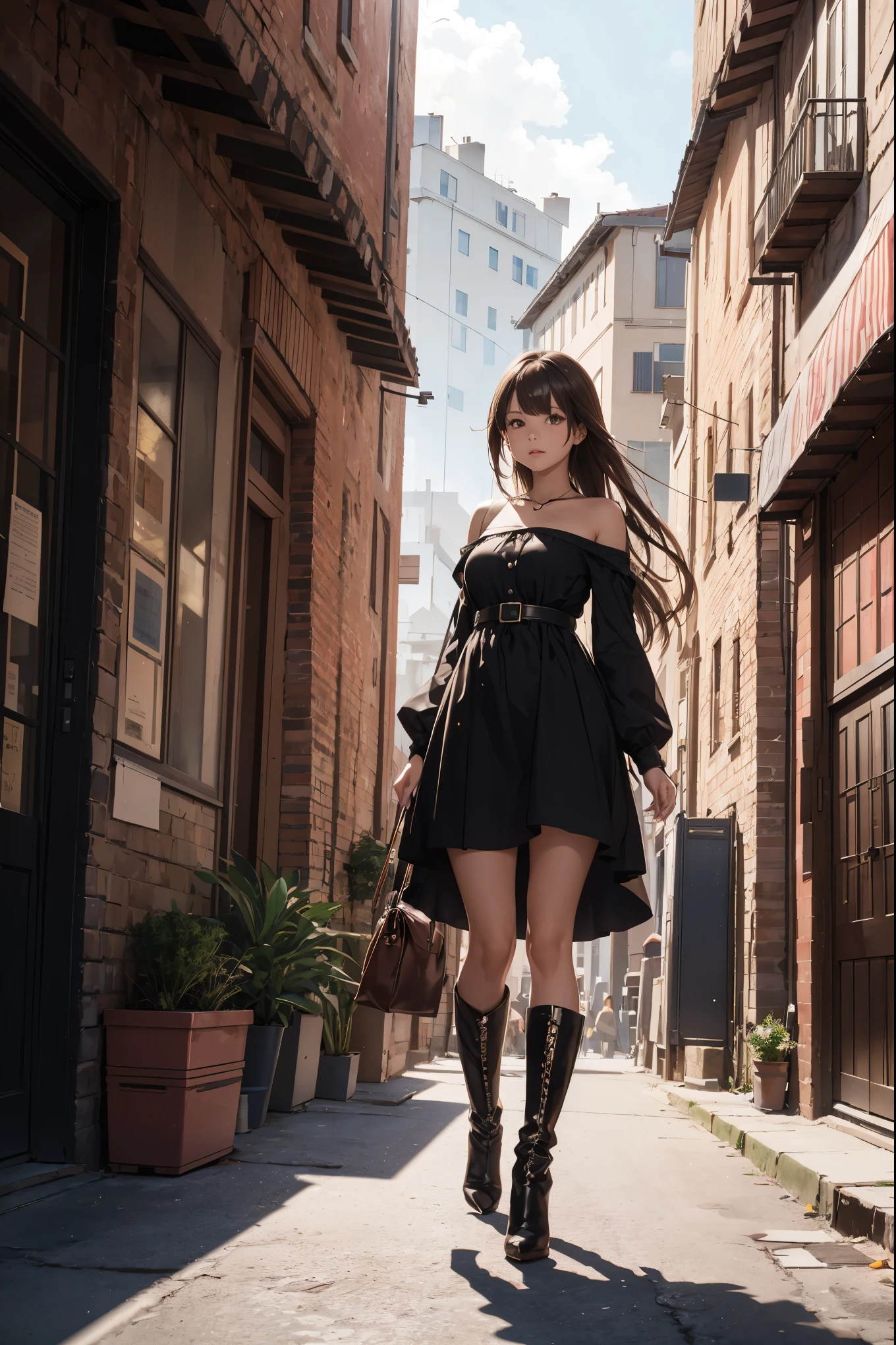 ,(face illuminated), (light face), light,1girl, brown hair, dress, long hair, outdoors, brown eyes, day, looking at viewer, hair ornament, high heels, hair flower, flower, solo, high heel boots, boots, white footwear, building, black dress, sky, full body, lips, solo focus, standing, white rose, street, bare shoulders, long sleeves, ankle boots.
The background of the image features a brick building with a balcony. There are two staircases visible in the background, one located near the center of the image and another one further back. The building also has a red sign on it, which might be a decoration or a promotional sign,(full body:1.5),Masterpiece, colors, 3d octane render, 4k, concept art, trending on artstation, hyperrealistic, Vivid colors, extremely detailed CG unity 8k wallpaper, trending on ArtStation, trending on CGSociety, Intricate, High Detail, dramatic,(super detailed), (beautiful background, detailed background)