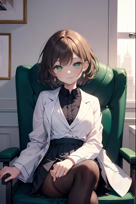 seven days, Aoi hinami, short hair, bangs, brown hair, (green eyes:1.5), smile,(Photorealistic beautiful doctor sitting on chair...