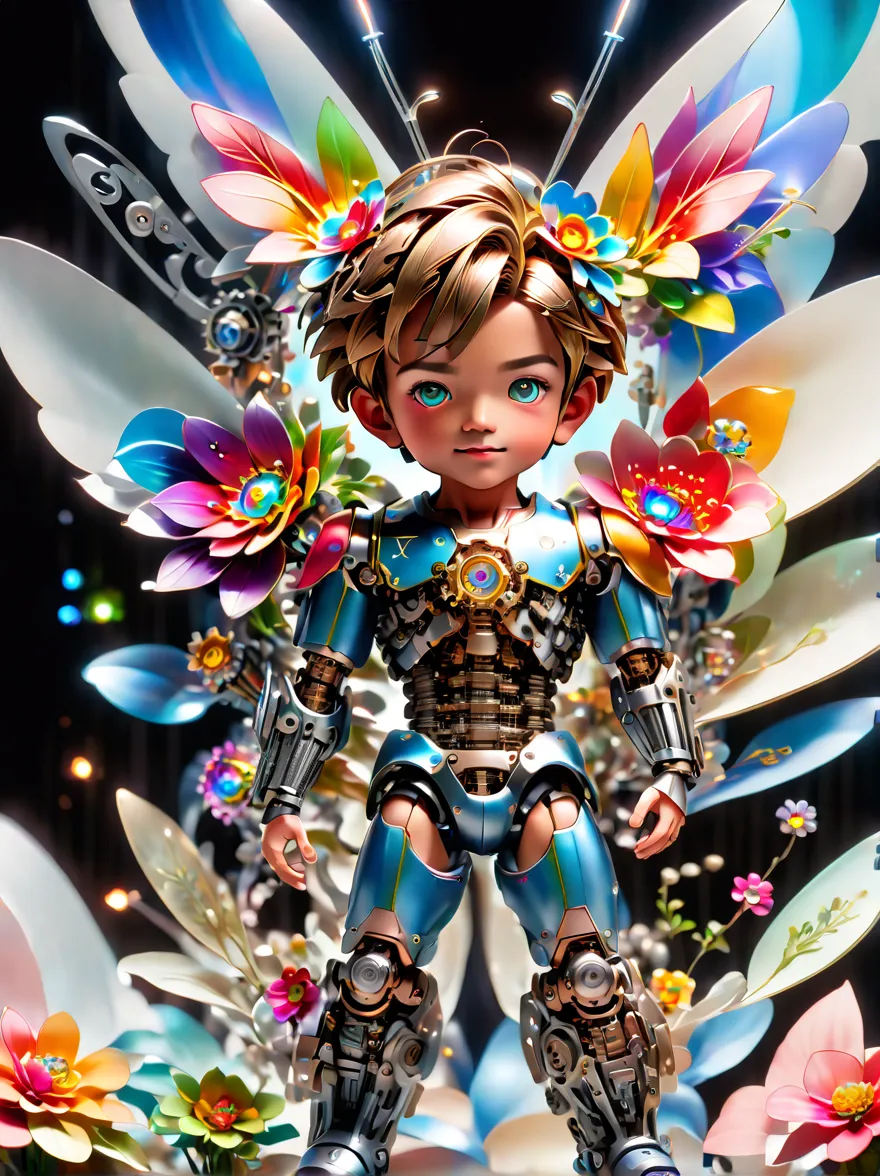 (three-dimensional，mechanical feel，cute，boy，mechanical doll, pinocchio: 1.3), colorful neon lights, high-tech mechanical parts, ...