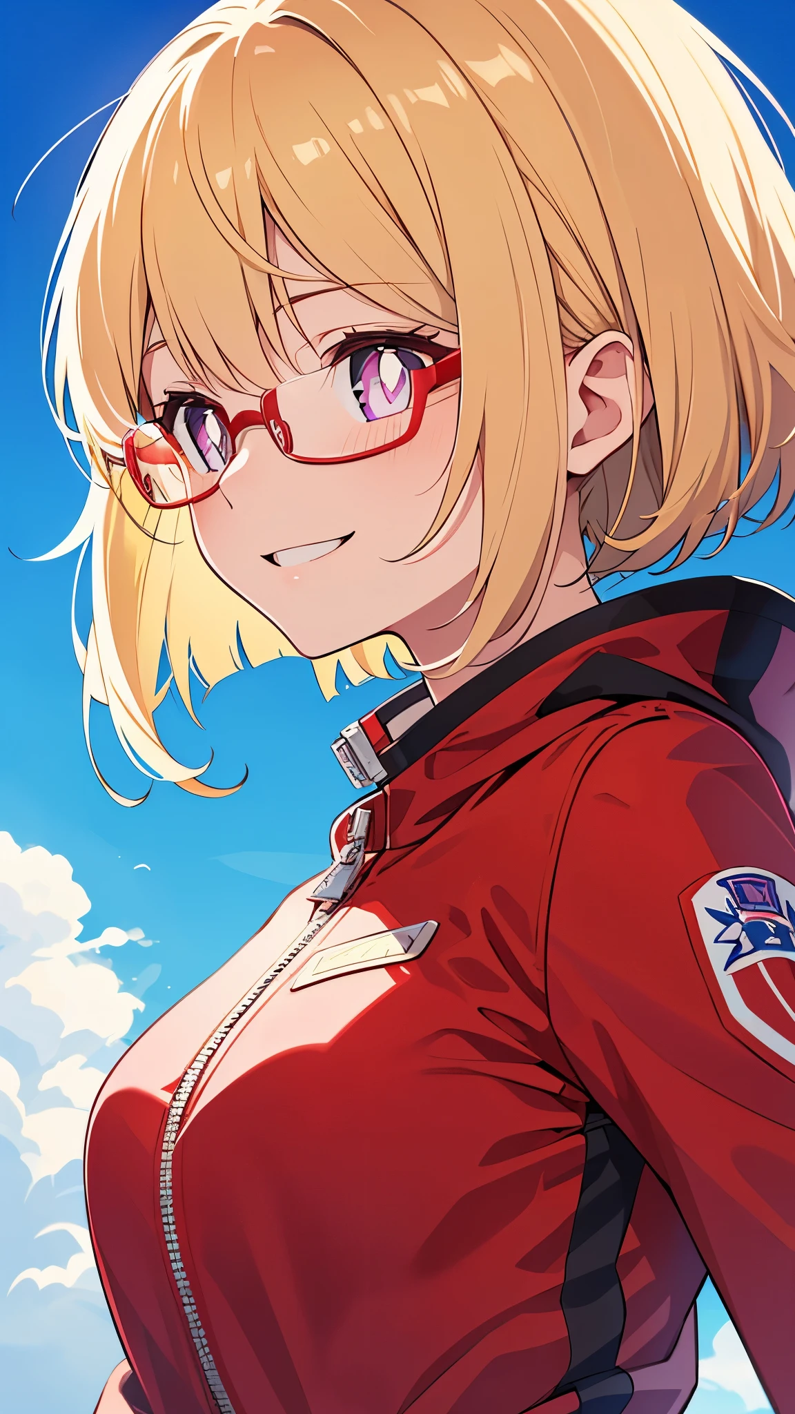 18 year old female、blonde、bangs、bob cut、straight hair、chignon hairstyle、Purple pupils、((red rim glasses)):1.5、smile、From the side、red rider jacket、long sleeve、gloves、roof of the building、Blowin' in the wind、blue sky、upper body close-up、sharp outline