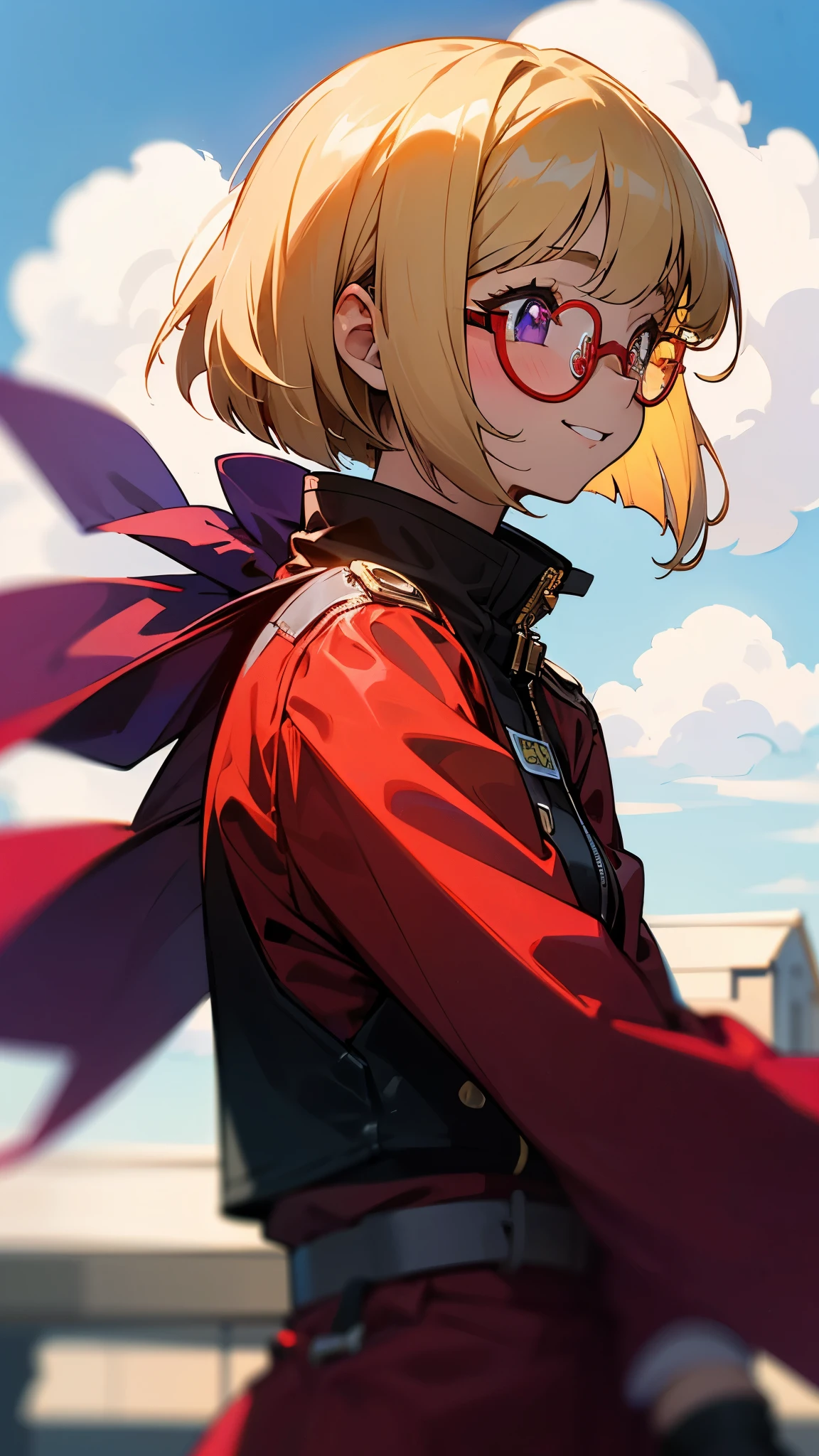 1 female、blonde、bangs、bob cut、straight hair、chignon hairstyle、Purple pupils、((red rim glasses)):1.5、smile、From the side、red rider jacket、long sleeve、gloves、roof of the building、Blowin' in the wind、blue sky、upper body close-up、sharp outline