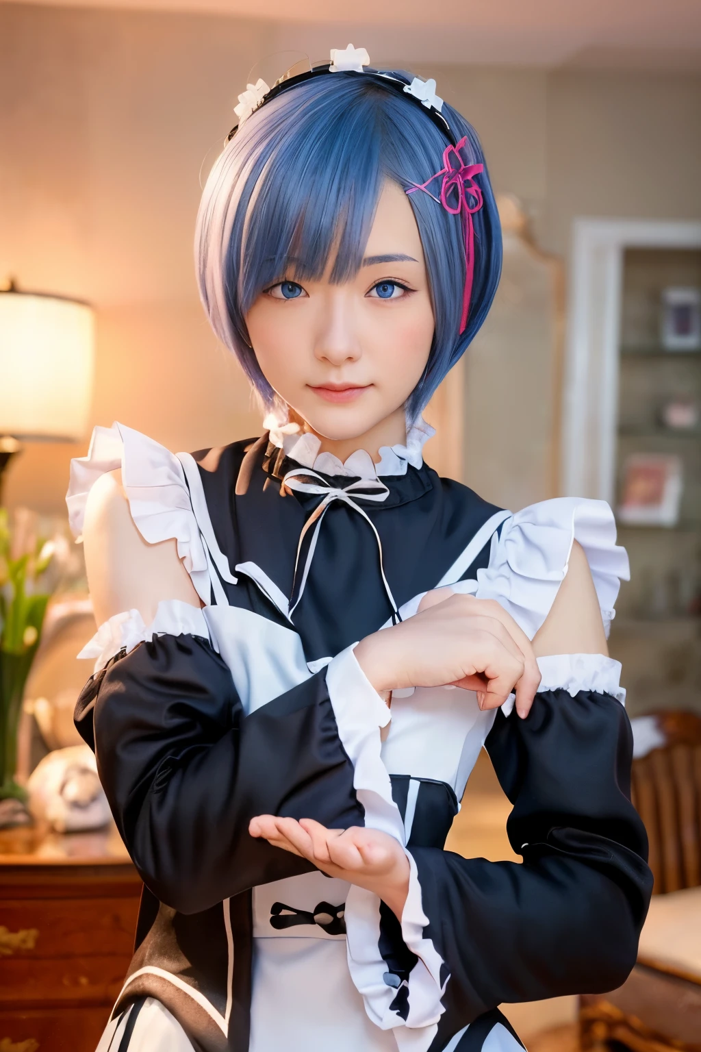 R_it ieter, 1 girl,(beautiful face:1.25) Blue short hair, blue eyes, hair above one eye, hair ornaments, pink hair ribbon, Rem&#39;s maid outfit, removed sleeve, (realistic:1.7),((highest quality)),disorganized,(ultra high resolution),(photorealistic:1.6),photorealistic,octane rendering,(hyperrealistic:1.2), (photorealistic face:1.2), (8k), (4k), (meterasterpiece),(realistic skin texture), (figure, cinematic lighting,wallpaper),( beautiful eyes:1.2),((((perfect face)))),(cute),(Are standing),((looking at the viewer)),(dynamic pose:1.3), Upper body, Are standing,indoor, living room, sofa, table, window,puffy eyes、good eye shape
