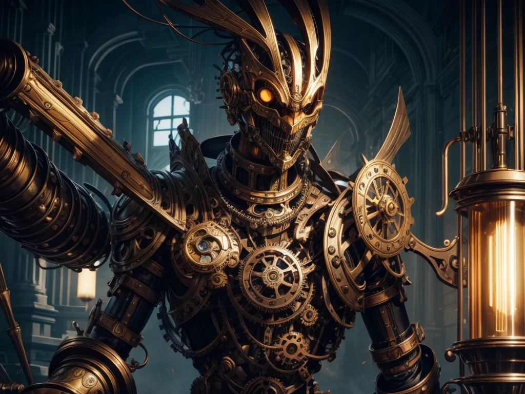 mechanical puppet,illustration,metallic joints,moving gears,articulated limbs,steampunk style,lifelike textures,smooth motion,elaborate design,antique finish,detailed clockwork mechanism,mechanical precision,polished surfaces,gold accents,deep shadows,vintage color palette,soft ambient lighting