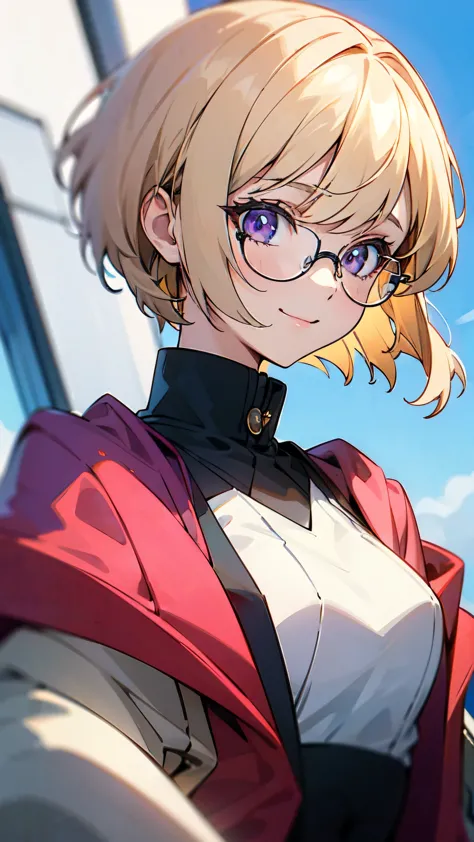 1 female、blonde、bangs、bob cut、straight hair、chignon hairstyle、purple pupils、red rim glasses、smile、from the side、wear a rider&#39...