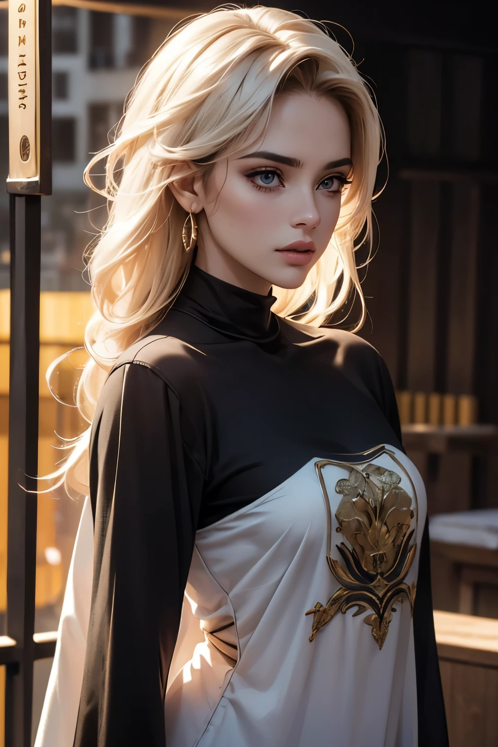 (Best Quality:1.5, high resolution, HD, 4k, detailed lighting, Shaders), golden floral fur, ombre hair, big breasts, lasts, Gray shirt, social shirt, short skirt, mature woman , (to throw), White background, colorful eye shadow, Dramatic lighting, sparkling eyes, sensual expression, golden earrings, flowing hair, delicate facial features, Dark skin, High cheekbones, urban configuration, White background, don&#39;t look for the camera, forward lean, behind the camera
