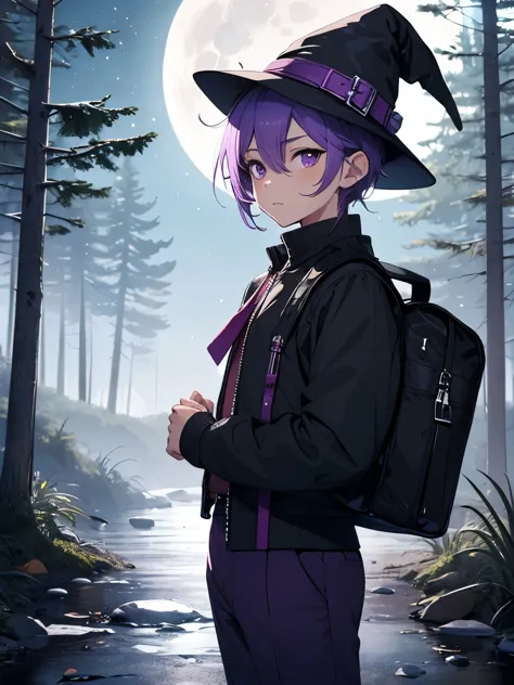 anime boy, young teenager, purple hair, small/mini witch hat, purple eyes, purple adventurer's uniform, carrying a shoulder bag,...