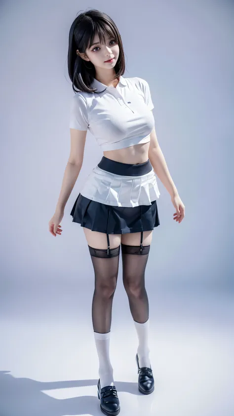 Arad woman wearing short skirt and white shirt posing for photo, Surrealism female students, Surrealism female students, actual , Realistic animation女孩渲染, stockings and skirt, 3D animation realistic, Small curves , Wearing a skirt and high socks, Realistic...