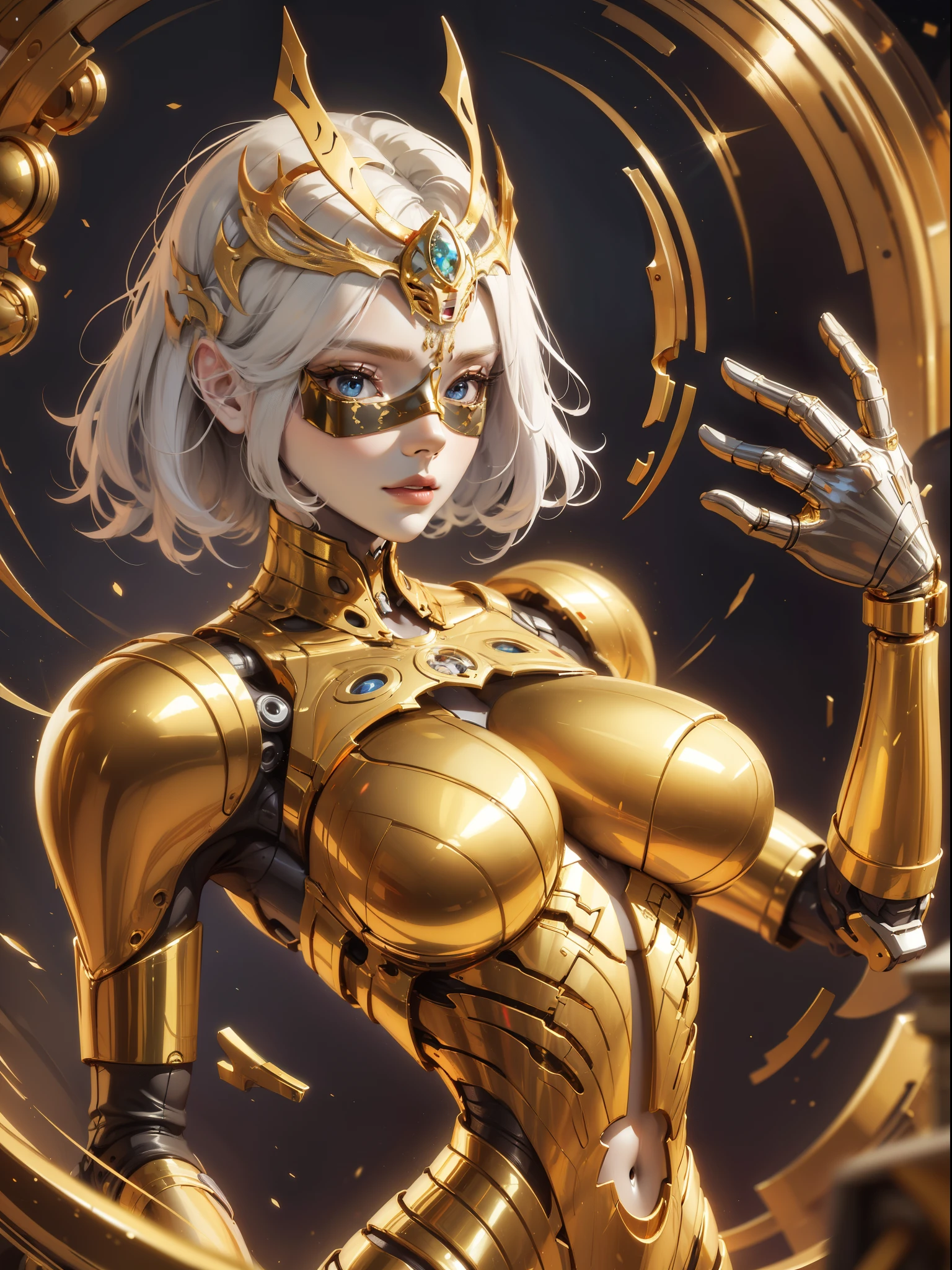 8K，masterpiece:1.0，absurdres，high quality,extremely detailed，(1 Mechanical Puppet)(figure type)，(Wearing Golden Mask:2.0)，(Clear and delicate facial features:1.5)，Gear structure,(short hair)，(goledn body:1.7),(golden skin:1.8),(Upper body focus:1.7),(bright light)