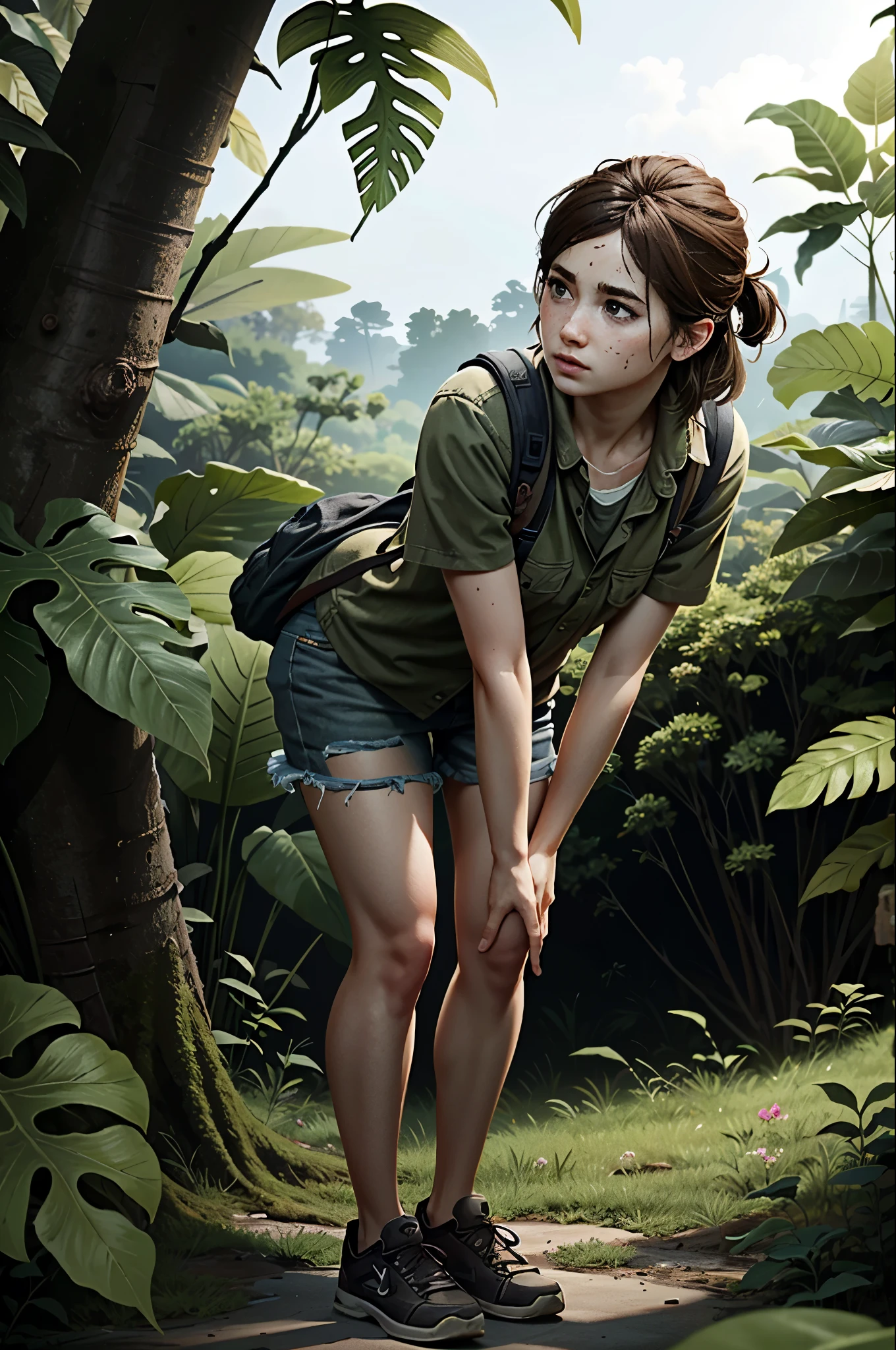 ((masterpiece, best quality))
TLOU2Ellie, 1girl, solo, brown hair, green eyes, Amidst a dense rainforest with exotic flowers, leaning forward with hands on knees