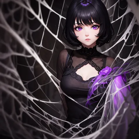 1girl, (black short hair) , purple eyes , very white skin, over spider web, with the darkness