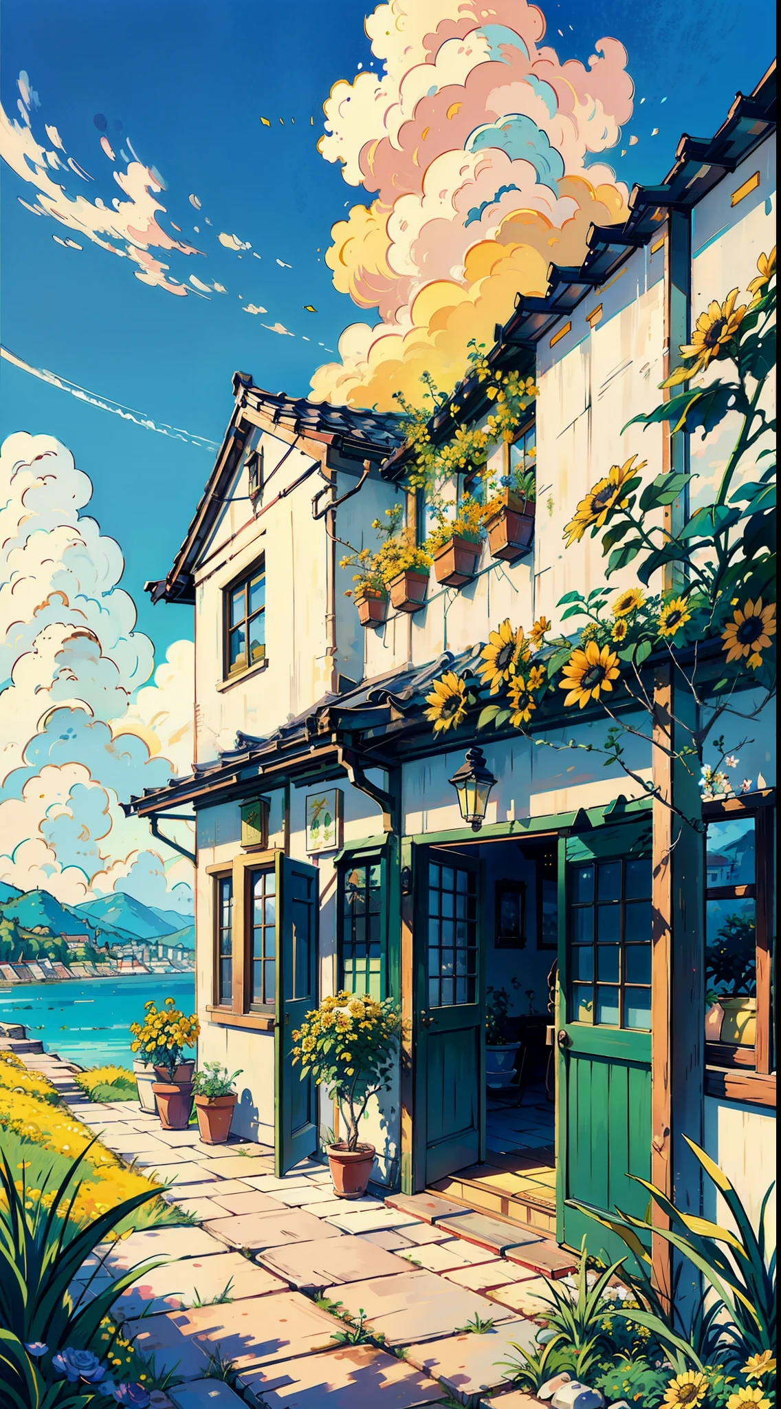 Swiss town, Seaside, scenery, casa, En plein air, sky, janelas, a plant, sky, Grass, Clouds, Plants in pots, green trees, doors, flower pots, Blue sky, architecture, chimneys, Yellow flowers, rosette, Miyazaki style