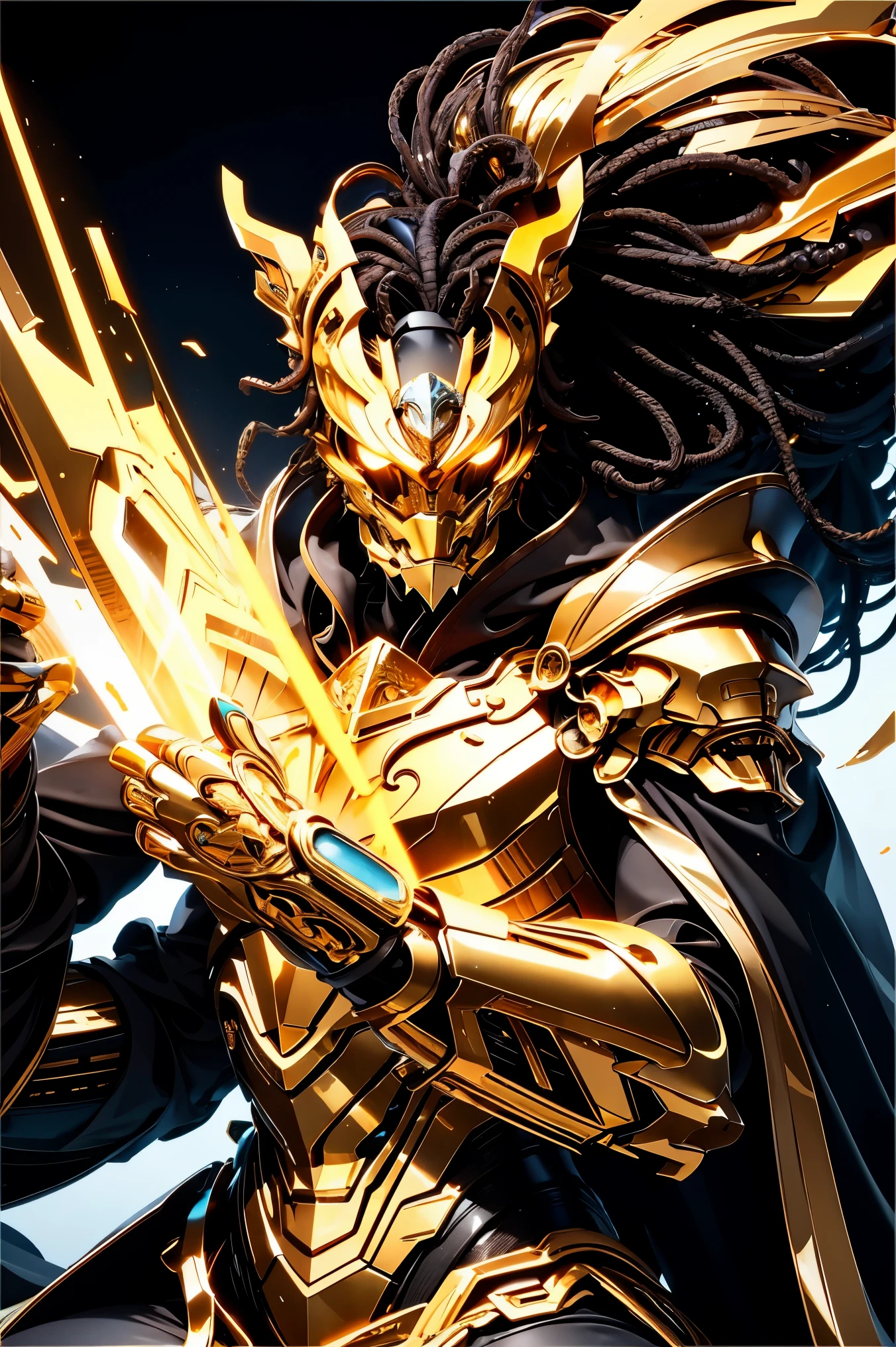 fill image,table top,highest quality,Super detailed,16K,rough skin,Bright picture quality,sf,
Rex, powered suit、Black and gold lion-inspired design、A helmet with the image of a black and gold lion,、powerful solo, straight, blue shining eyes, black cloak、kneel down、View from the front、sf, looking at the viewer, Upper body, , Exoskeleton Rex,