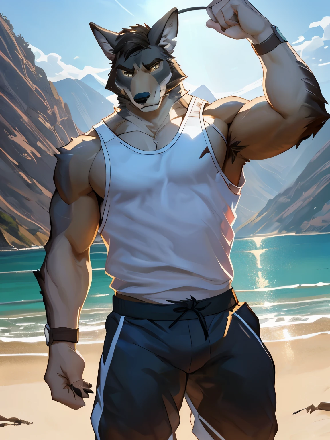 A close up of a person with a wolf head on a beach - SeaArt AI