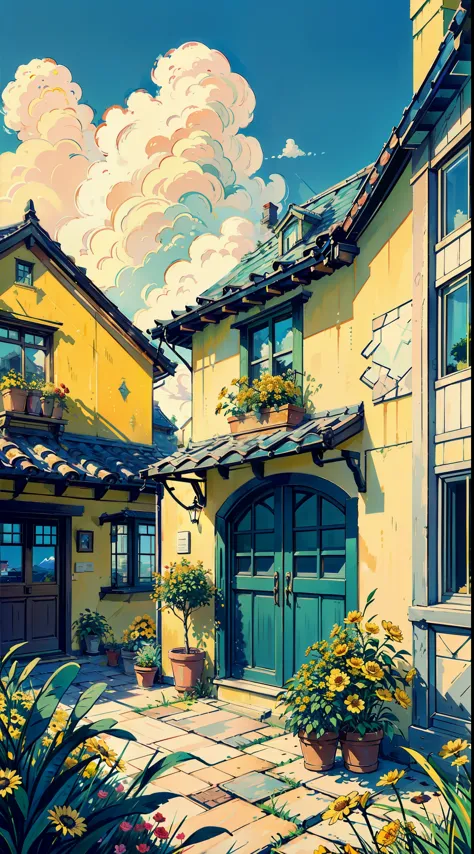 Swiss town, Seaside, scenery, casa, En plein air, sky, janelas, a plant, sky, Grass, Clouds, Plants in pots, green trees, doors,...