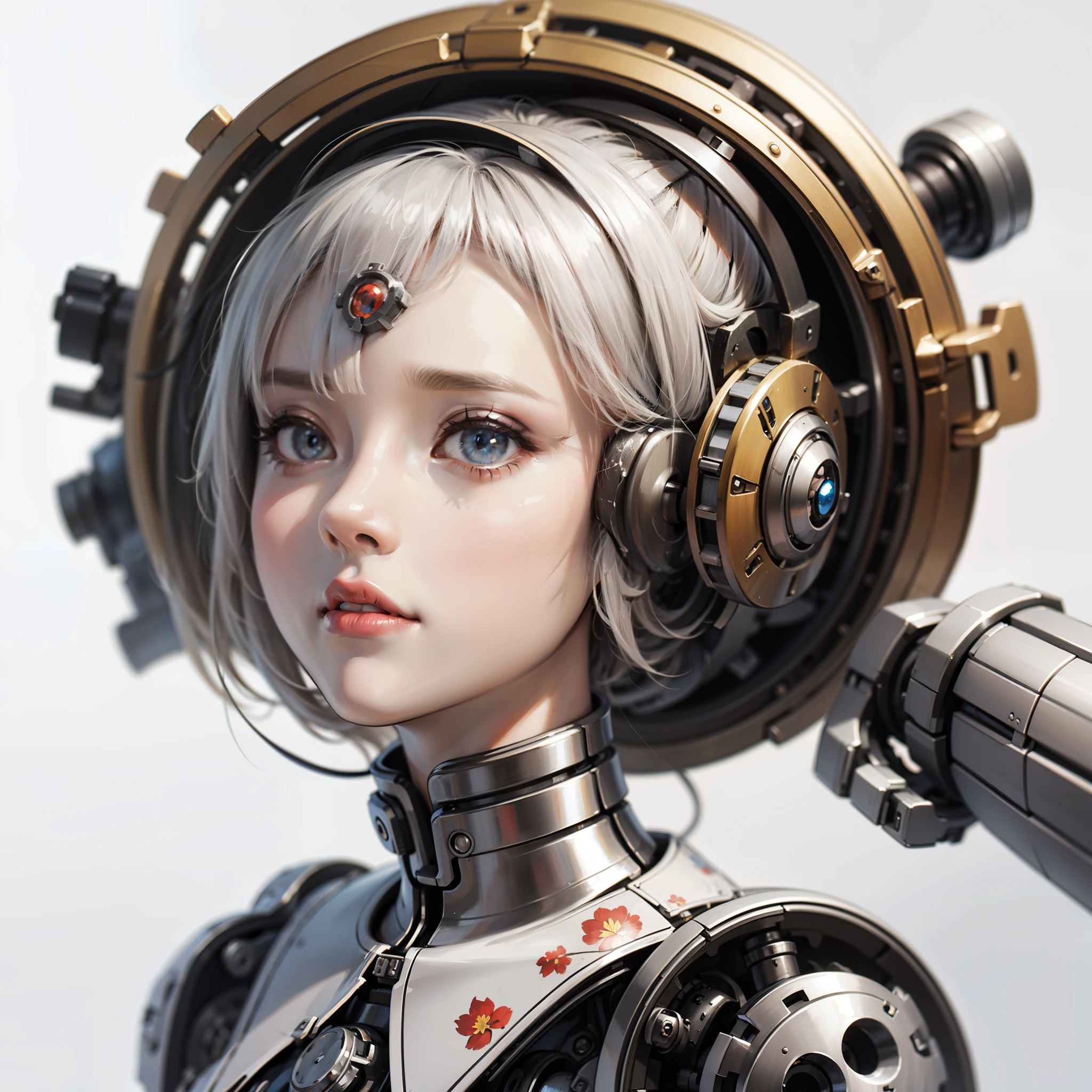 8k, (((best quality))), ((an extremely delicate and beautiful)), ((round floral framed:1.4)), (1 Mechanical Puppet)(figure type) ,(robot's head)(Iron face:1.7), Gear structure, Gear structure background, (face focus:1.5), ((Aestheticism and disheveled hair)), (beautiful detailed eyes), white and sliver hair, (white background:1.5), upper body, border, portrait, tachi-e
