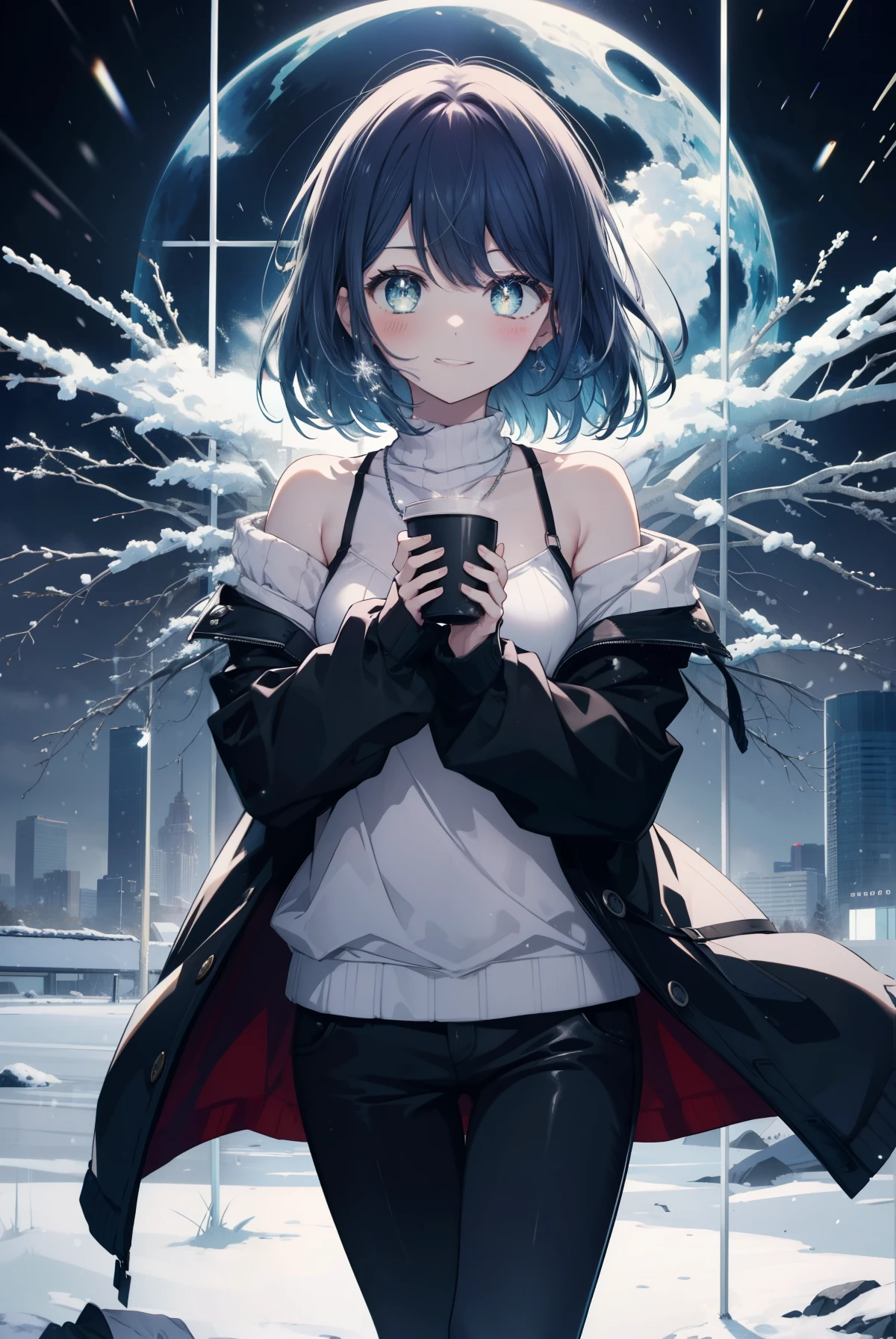 akanekurokawa, Akane Kurokawa, aqua eye, blue hair, medium hair, side lock,blush,smile,
Black long coat　There is an open front,white off shoulder sweater,bare shoulders,bare clavicle,naked neck,skinny pants,short boots,heart shaped necklace,gardenのベンチに座ってる,holding a coffee cup in both hands,winter,cold sky,It&#39;s snowing,
break looking at viewer,
break outdoors, garden,
break (masterpiece:1.2), highest quality, High resolution, unity 8k wallpaper, (figure:0.8), (detailed and beautiful eyes:1.6), highly detailed face, perfect lighting, Very detailed CG, (perfect hands, perfect anatomy),