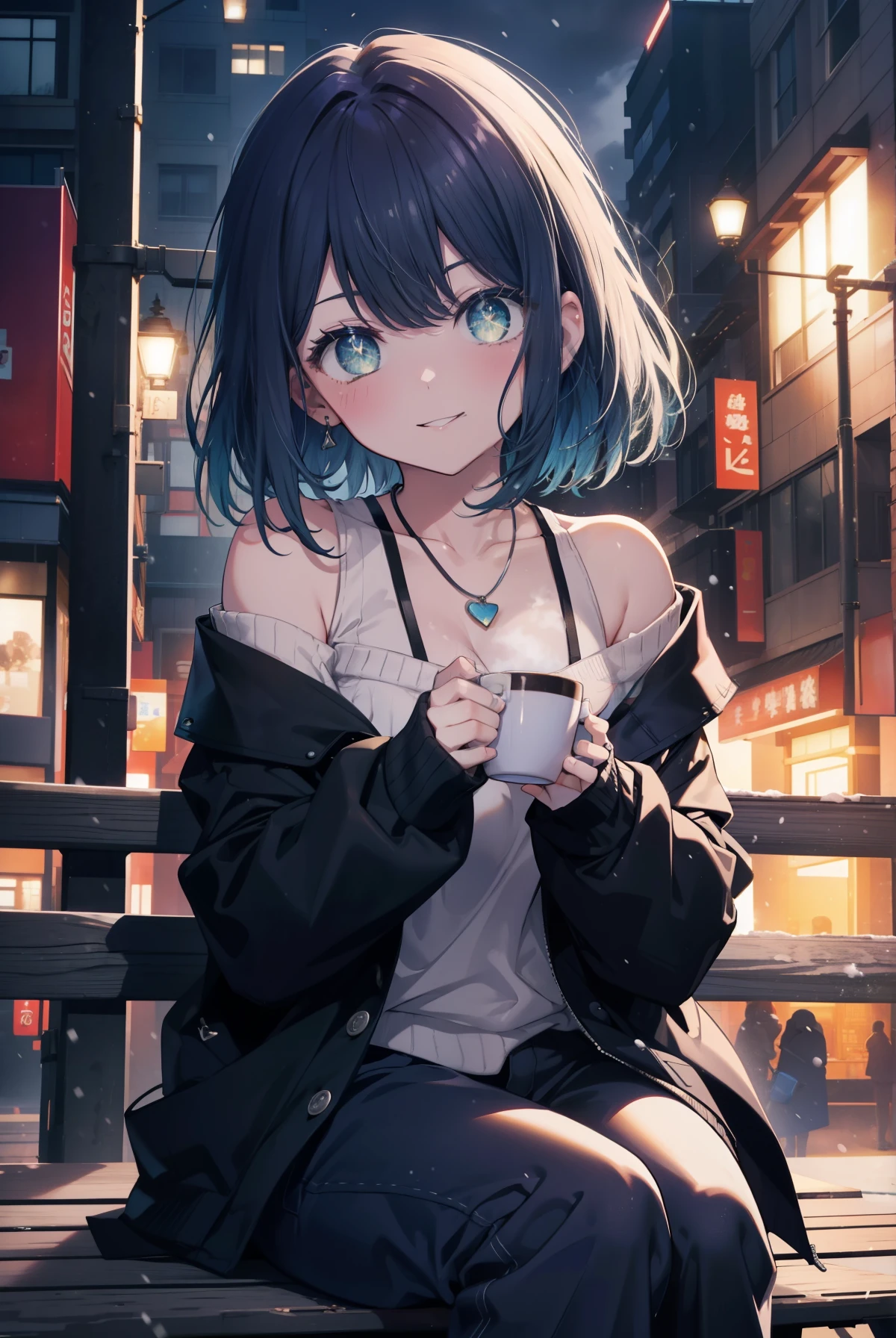 akanekurokawa, Akane Kurokawa, aqua eye, blue hair, medium hair, side lock,blush,smile,mouth open,Black long coat　There is an open front,white off shoulder sweater,bare shoulders,bare clavicle,naked neck,skinny pants,short boots,heart shaped necklace,sitting on the bench,holding a coffee cup in both hands,winter,cold sky,It&#39;s snowing,
break looking at viewer,
break outdoors, garden,
break (masterpiece:1.2), highest quality, High resolution, unity 8k wallpaper, (figure:0.8), (detailed and beautiful eyes:1.6), highly detailed face, perfect lighting, Very detailed CG, (perfect hands, perfect anatomy),