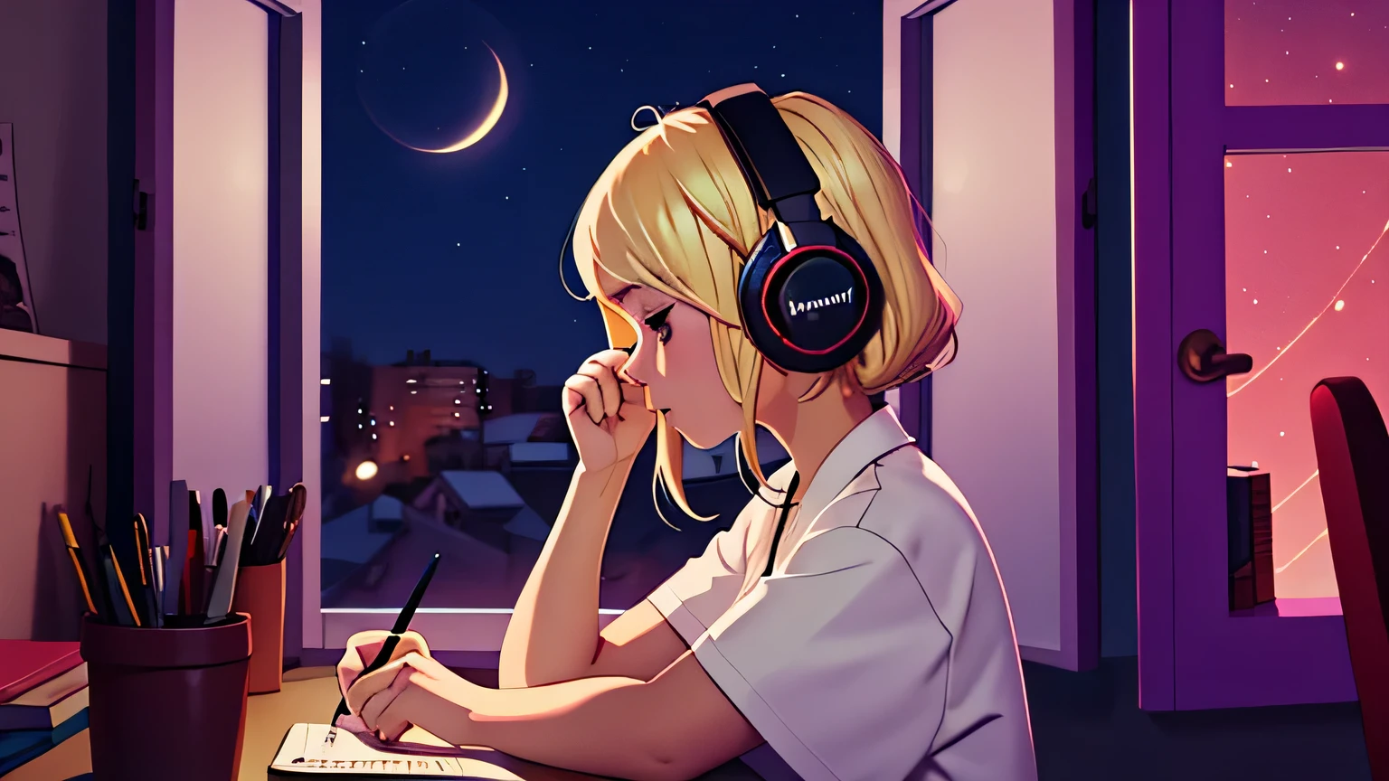 materialism, 1 girl, s writing, from outside, with a girl, blonde, hair length, Put the headphones over your head,   window, ukraine fund, night、High resolution