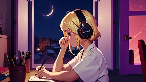 materialism, 1 girl, s writing, from outside, with a girl, blonde, hair length, Put the headphones over your head,   window, ukr...