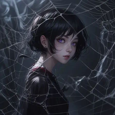 1girl, (black short hair) , purple eyes , very white skin, over spider web, with the darkness