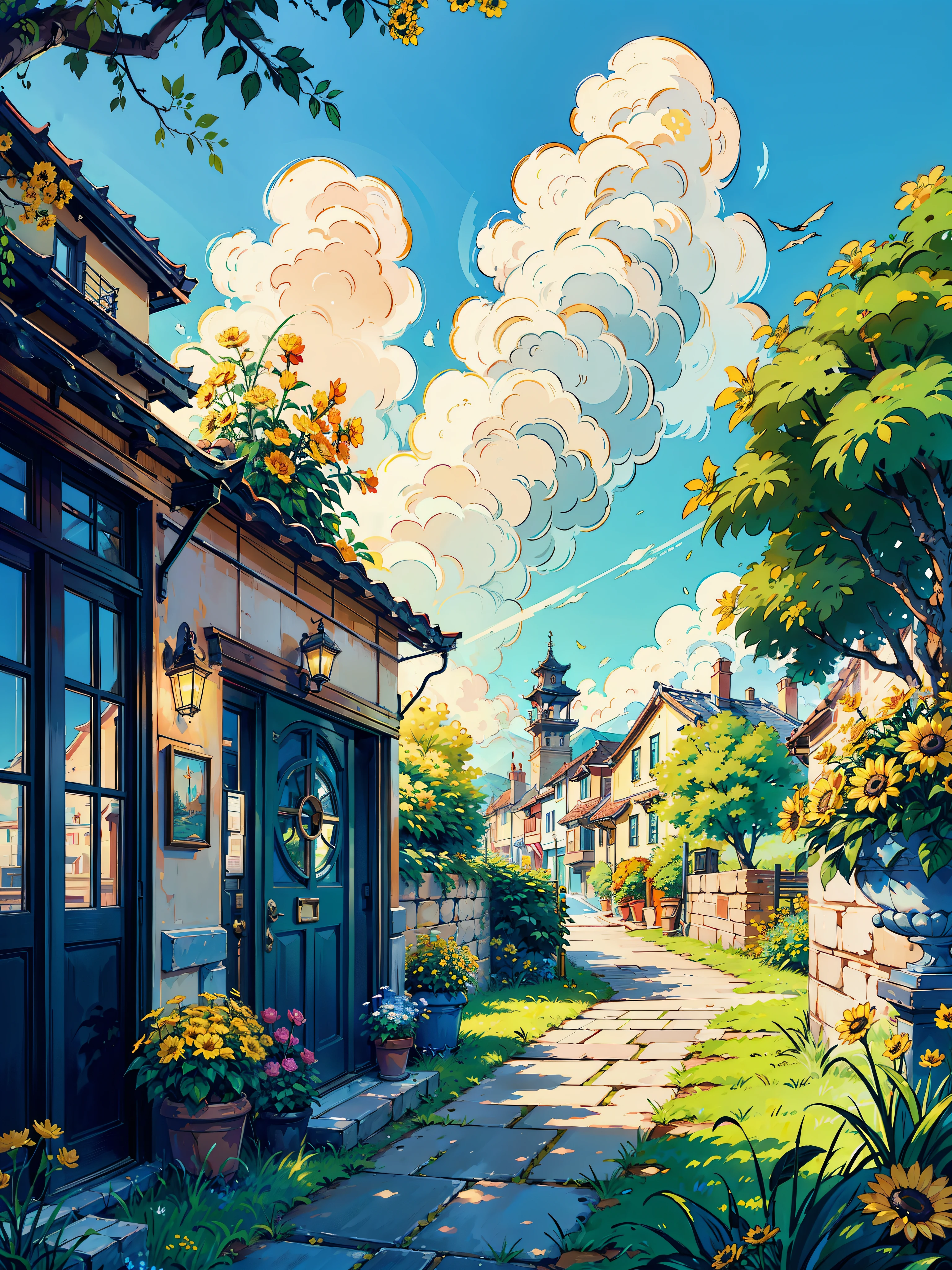 Swiss town, Seaside, scenery, casa, En plein air, sky, janelas, a plant, sky, Grass, Clouds, Plants in pots, green trees, doors, flower pots, Blue sky, architecture, chimneys, Yellow flowers, rosette, Miyazaki style