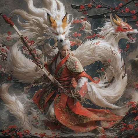 Nine-tailed fox 32k，Telephoto tilt-shift micro viewing angle，red and white仙魔界, Chance encounter with Liu Hanshu, He saw his old ...