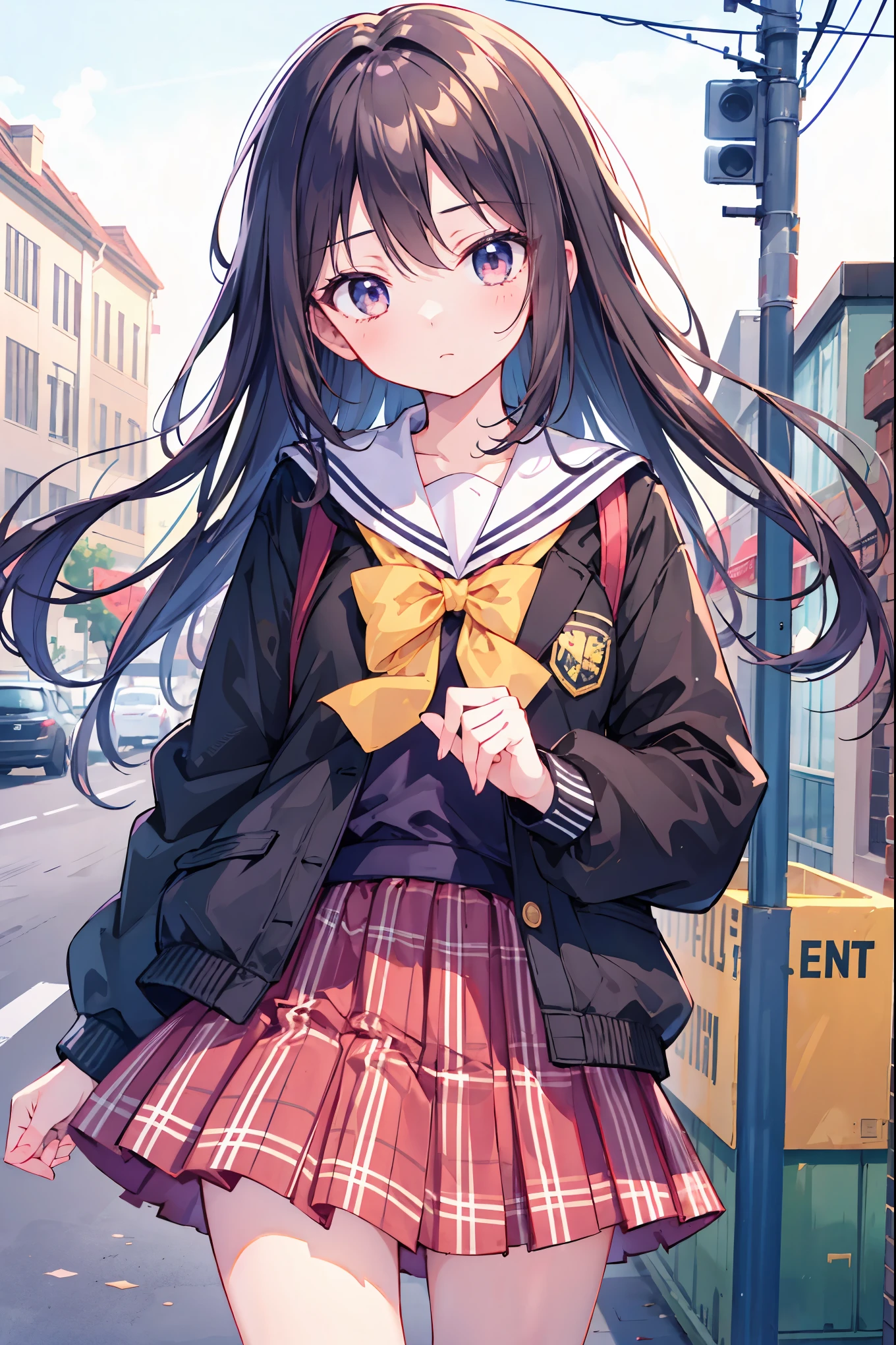 Chica anime en uniforme escolar caminando por la calle. - SeaArt AI