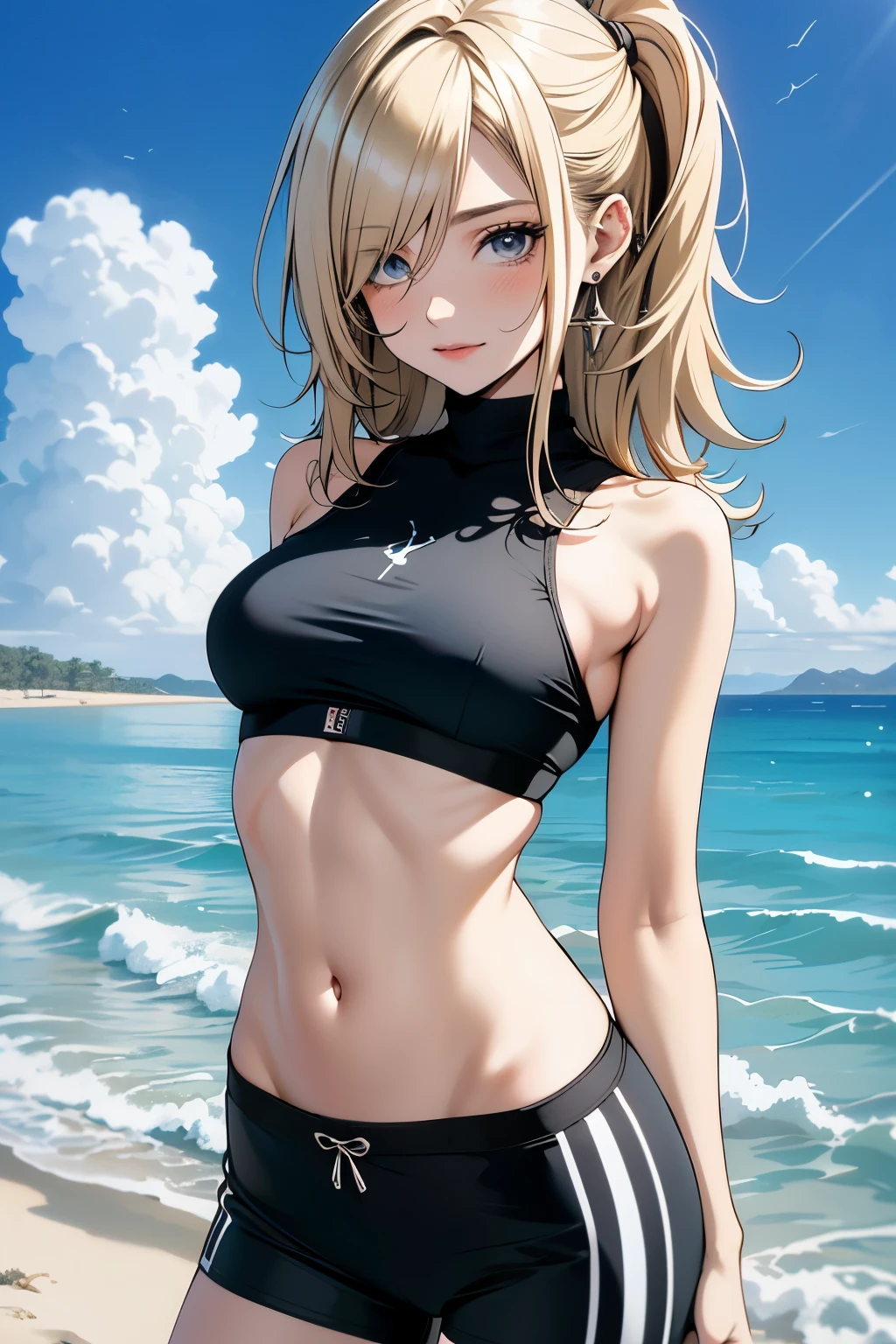 (Running by the sea 1.5), 1 beautiful girl, 17 yr old, Highly detailed face, long hair in ponytail,,, bangss, mischievous grin, smallbreast, Waist slender, smallbreast, Waist slender, small hips, small thicc thighs, The abdomen has sensual lines......, thicc thighs, sweat, body soaking wet

((High neck tight sports bra, tight sports shorts, (yellow and black clothes))),(((below the chest))),((wetclothes)),

((Running posture)), downtown,scale to adjust dimensions,third party rule, scenario:1.25,

アニメ, high resolution, sharp focus, (Ultra-detail, very detailled), unity wallpaper 8k),((tema de fundo synthwave)),(((swirly vibrant colors))),(intricate background),(work of art),(best qualityer),