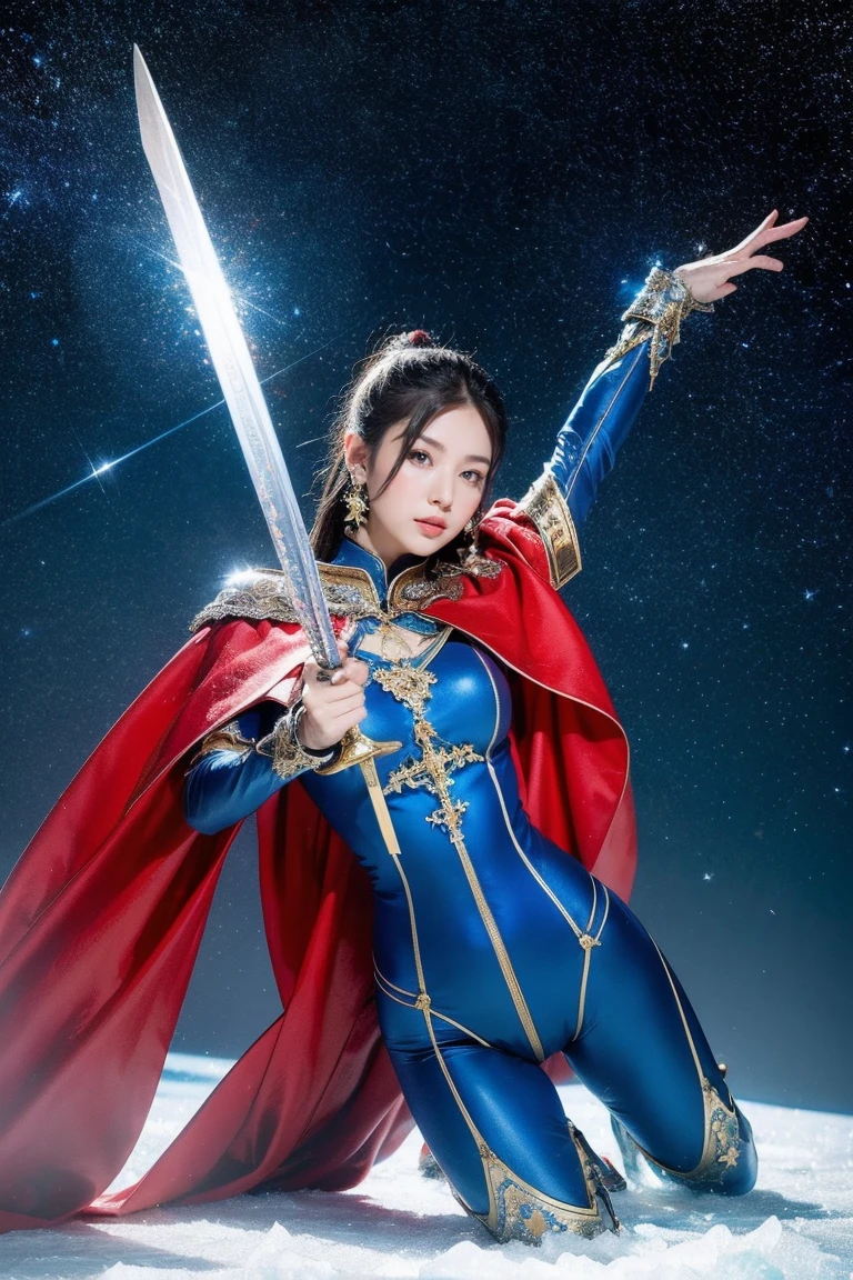 highest quality, masterpiece, realistic, High resolution, 8k RAW写真, 1 girl、long hair、goddess、has a decorated sword、Swing your sword up、((glamor body:1.3))、(Blue bodysuit with ice motif、gold edge、red cloak)、silver pendant、silver earrings、(((action pose)))、(On the ice of a planet where Mercury can be seen)、(Many ice crystals in the starry sky）