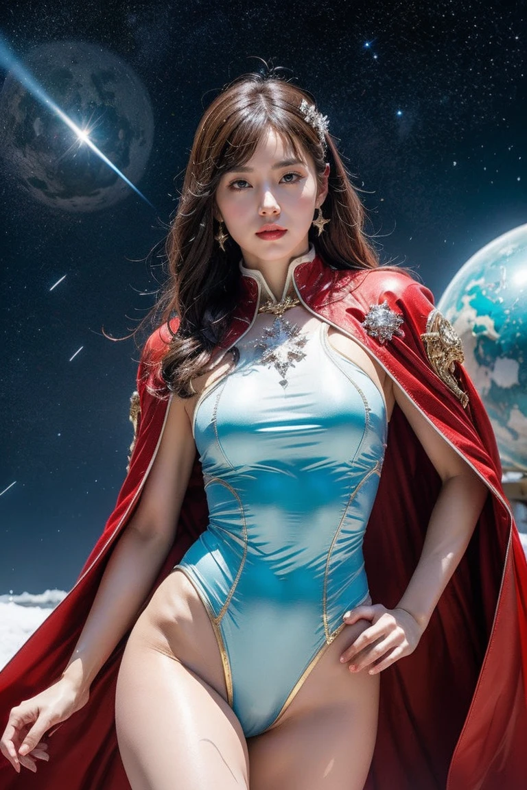 highest quality, masterpiece, realistic, High resolution, 8k RAW写真, 1 girl、long hair、goddess、has a decorated sword、Swing your sword up、((glamor body:1.3))、(Light blue bodysuit with ice motif、gold edge、red cloak)、silver pendant、silver earrings、(((action pose)))、(On the ice of a planet where you can see the starany ice crystals in the starry sky）