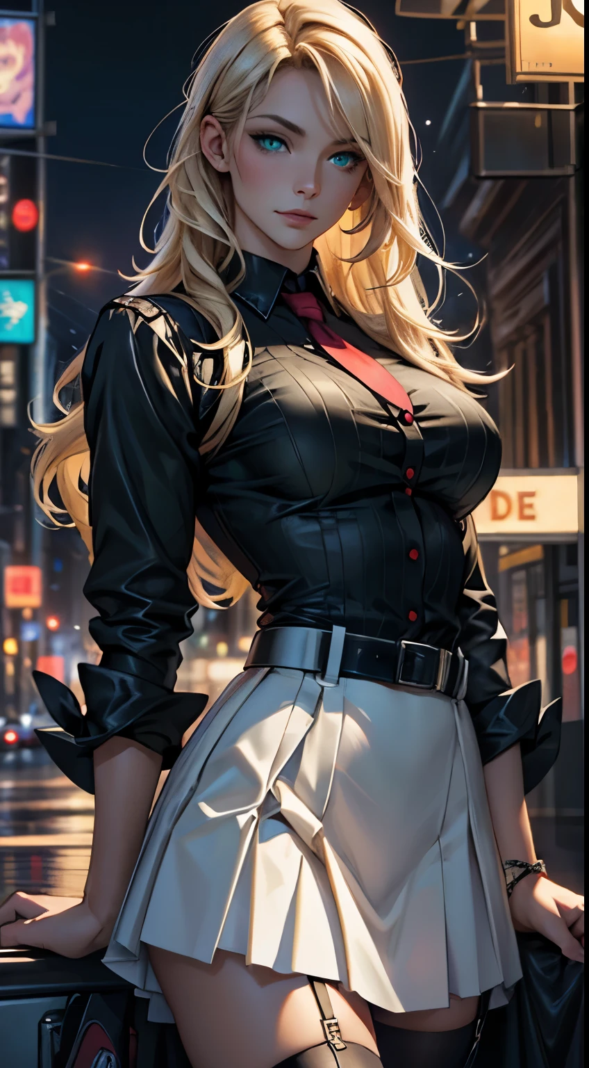 （tmasterpiece，A high resolution，best qualtiy：1.2），8K，highly detailed，complex，rich colourful，vibrant image，Clear focus，cinematic ligh） blond hairbl，long whitr hair，Green eyes，body builder （Wear black business attire，black_Collared shirt cropped jacket，tiese，tiese，Black frilled skirt，a garter belt，Leather belt） （Large, Perfect round breasts，Hourglass body，Big breasts Thin waist，Very thin waist， photograph realistic，（hyper realisitc：1）big breasts beautiful， tmasterpiece，Best quality at best，extremelydetailedface，s the perfect face，beauitful face，Perfect lighting，Detailed eye makeup，Details of the face，Nice detail eyes，pretty hand，perfect hand，glowing light eyes（realistic pupil，Realistic iris：1）Heavy eye makeup，（empty Casino）（Posing dynamically）panties