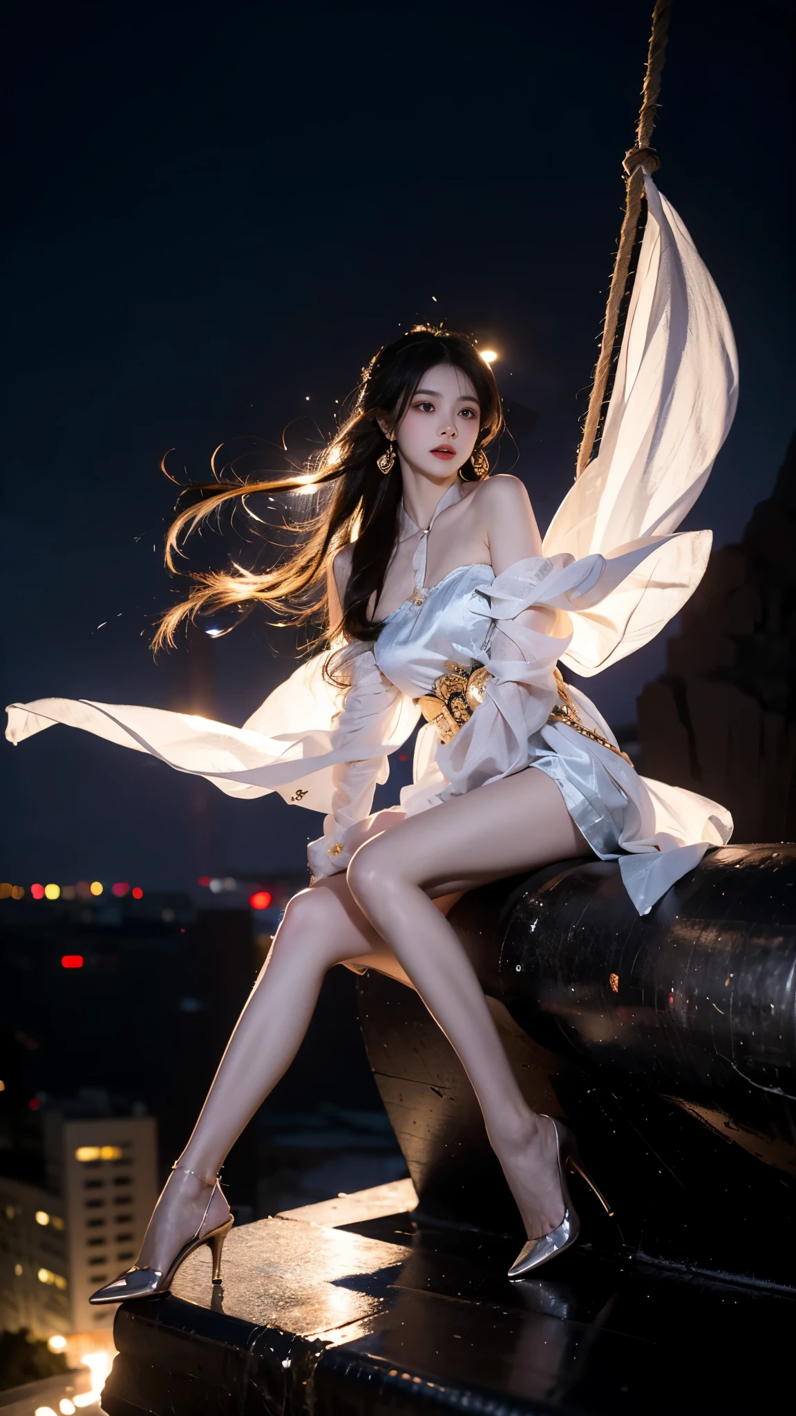 yinziping,china dresasterpiece, best quality:1.2), 1girl, 独奏, ((gufeng,bare shoulders)), at the hilltop，Moonlight，((night)), ((full body)), ((from below)), ((sitting position, sitting at the edge of a cliff)), figure of heroine，Slender sexy legs，very beautiful legs，Leaking sexy legs，Big breasts，beauty, mystery。Beautiful face，Otherworldly beauty。The bridge of the nose is straight，Lip color like cherry，Confident and calm。face chiseled，Skin as fair as jade，Makeup is light and delicate，Show her temperament and charm。Light foundation, Transparency of skin，perfect eyebrow shape，eye makeup,eye shadow,Eyeliner，Eyes are brighter and more energetic。Put on grace lipstick，Charm and sophistication。Clothes grace chic，Clothes flutter，Blown up by the wind，drifting into the distance。grace，Swinging action。Hair tied haphazardly behind the head，Secure it with a hosta，Strands of hair flutter gently in the wind，A beautiful landscape，Attract attention。beauty、grace、mystery