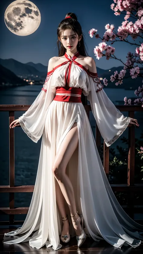 hanfu, (masterpiece, best quality:1.2), 1girl, solo, ((gufeng,bare shoulders)), at the hilltop，Moonlight，((night)), ((full body)...