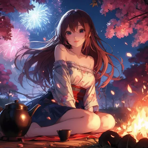 Anime girl sitting on the ground with a pot of tea, anime style 4k, 4kanime wallpaper, anime wallpaper4K, anime wallpaper4k, ani...