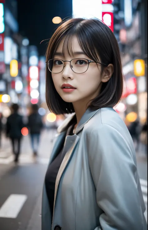 (((city of tokyo:1.3, photographed from the front))), ((medium bob:1.3, glasses:1.3, glassesをした日本人女性, gray jacket, cute)), (clea...