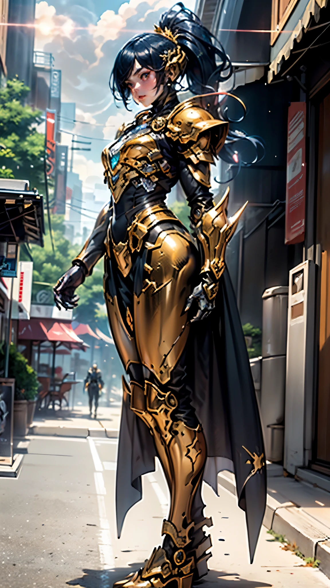 A woman adorned in fantasy-style full-body armor, a crown-concept fully enclosed helmet that unveils only her eyes, a composite layered chest plate, fully encompassing shoulder and hand guards, a lightweight waist armor, form-fitting shin guards, the overall design is heavy-duty yet flexible, ((the armor gleams with a golden glow, complemented by red and blue accents)), exhibiting a noble aura, she floats above a fantasy-surreal high-tech city, this character embodies a finely crafted fantasy-surreal style armored hero in anime style, exquisite and mature manga art style, (Queen bee mixed with Spider concept Armor, plasma, blood), ((Element, energy, elegant, goddess, femminine:1.5)), metallic, high definition, best quality, highres, ultra-detailed, ultra-fine painting, extremely delicate, professional, anatomically correct, symmetrical face, extremely detailed eyes and face, high quality eyes, creativity, RAW photo, UHD, 32k, Natural light, cinematic lighting, masterpiece-anatomy-perfect, masterpiece:1.5