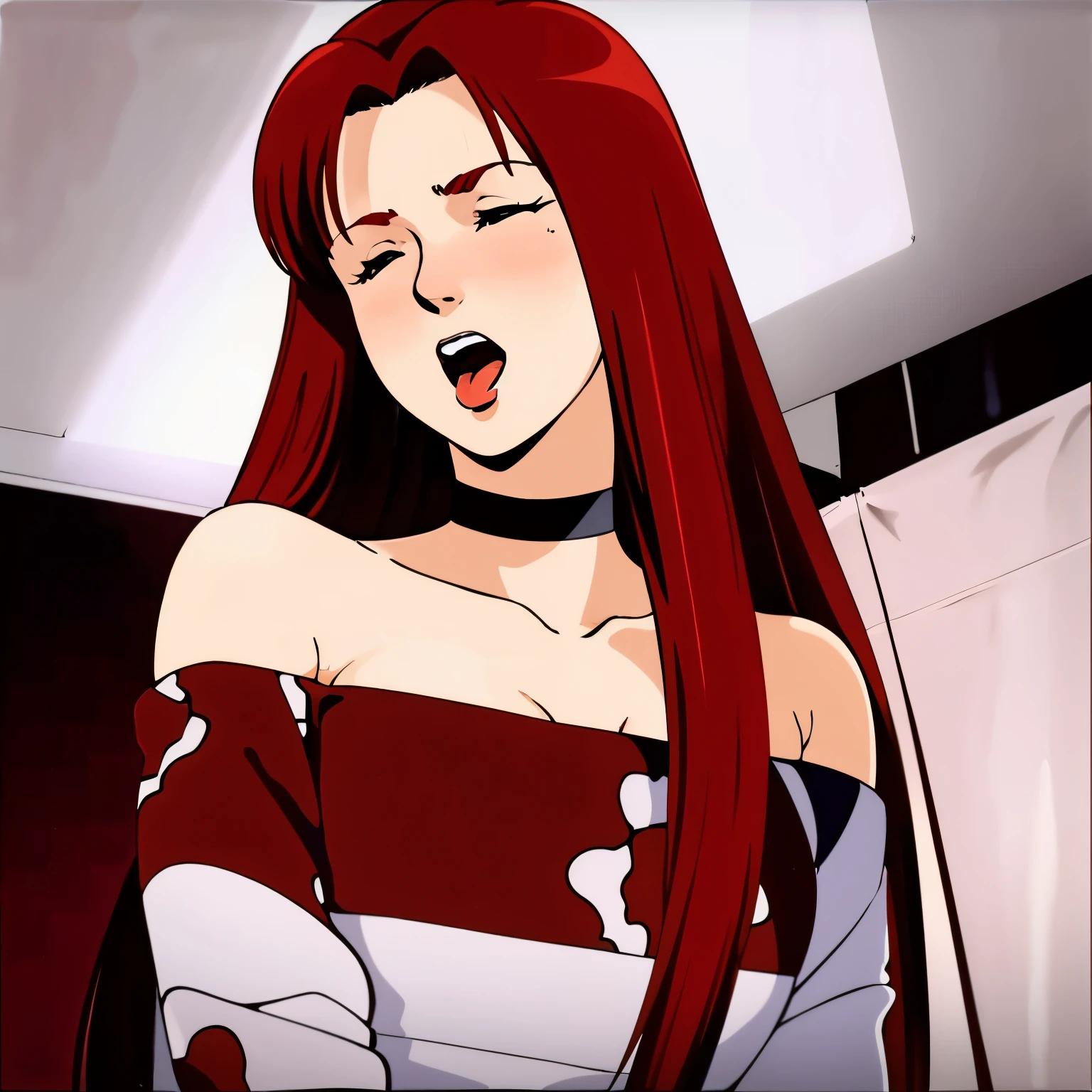 Anime girl with red hair and a white shirt with a skull on it - SeaArt AI