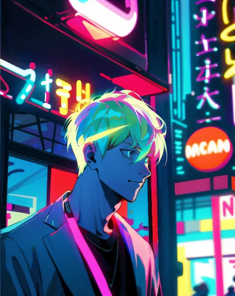 young male, blonde hair short hair, cool, neon style color mood