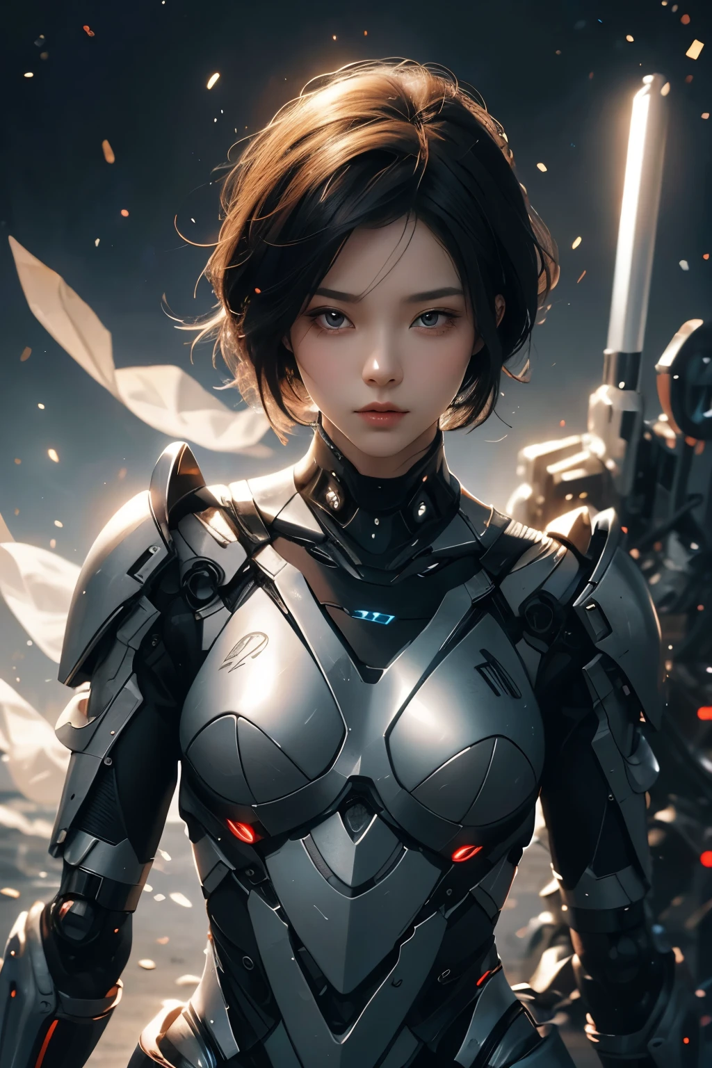 a robot in a cyber suit is standing near a building holding a sword, 1girl, solo, looking at viewer, upper body, short hair, breasts, black hair, lips,Precisely expresses details such as face and skin texture,beautiful eye, double eyelid,delicate skin,slender body shape,alone