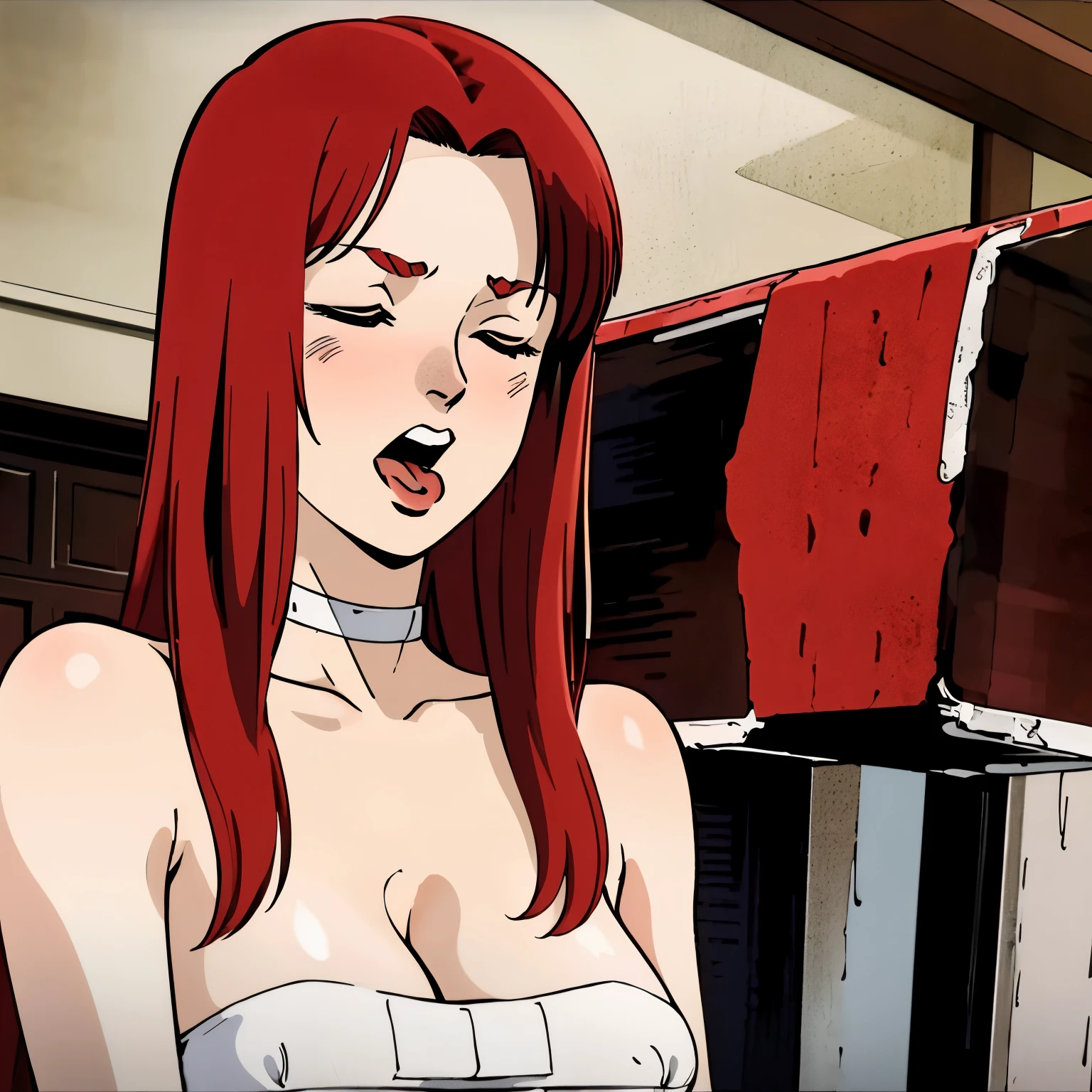 Anime girl with red hair and a white dress in a kitchen - SeaArt AI